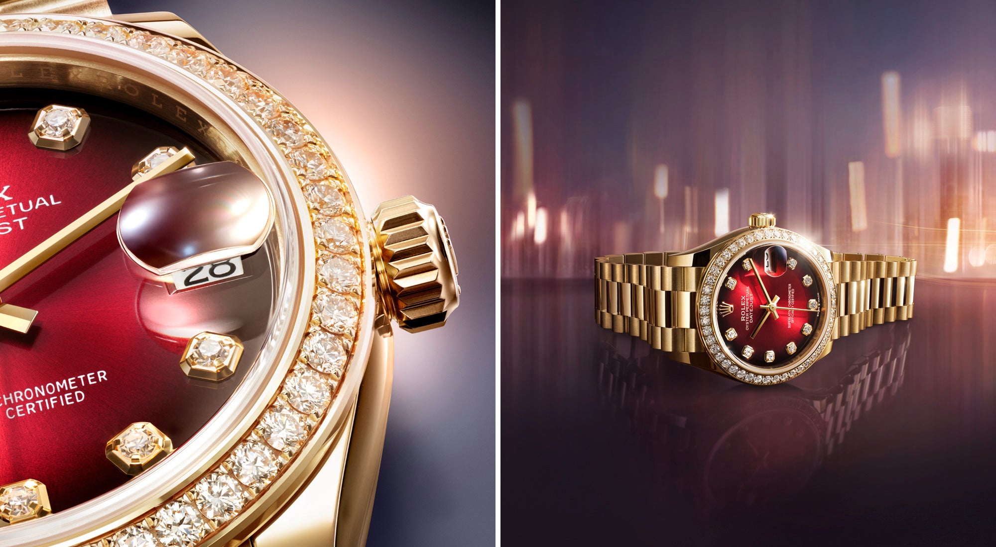 Geteiltes Bild: Die linke Seite zeigt eine Nahaufnahme einer goldenen Rolex-Uhr mit diamantbesetzter Lünette und rotem Zifferblatt; die rechte Seite zeigt die komplette Uhr vor einem verschwommenen, leuchtenden Hintergrund.