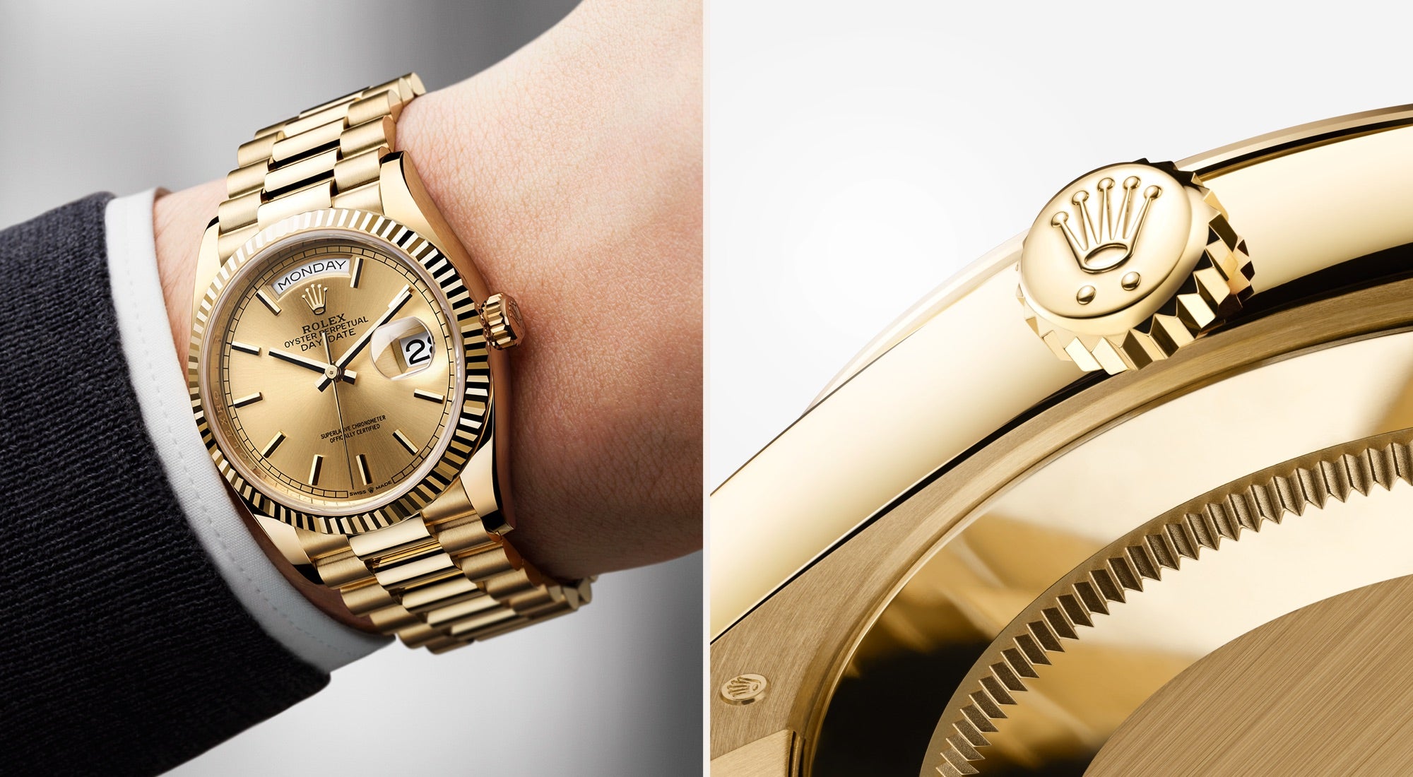 Eine goldene Armbanduhr mit geriffelter Lünette und Oyster-Armband ist am Handgelenk einer Person zu sehen. Das zweite Bild ist eine Nahaufnahme der Krone der Uhr mit einem Logo.