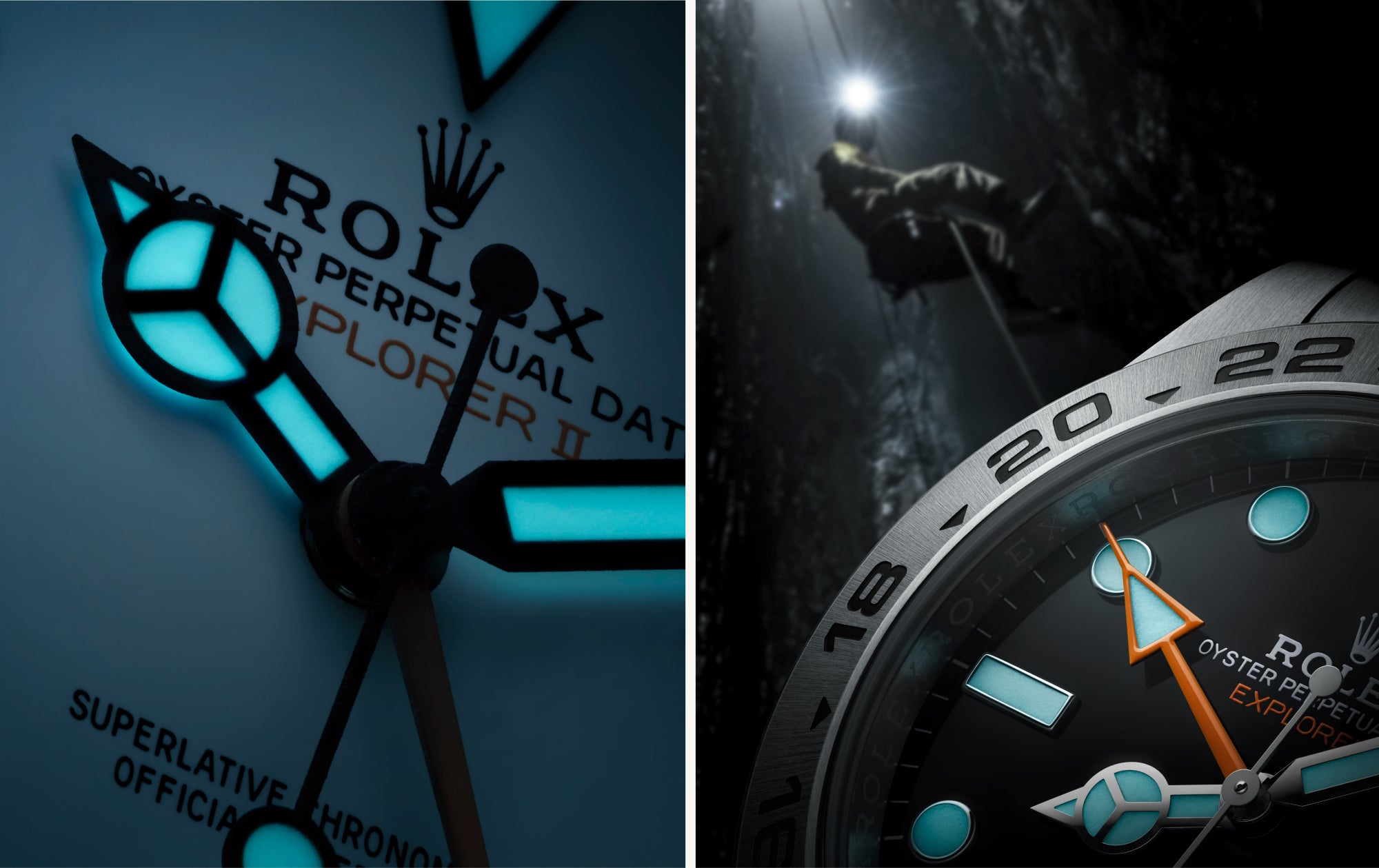 Nahaufnahme des leuchtenden Ziffernblatts einer Rolex Explorer II (links) und eine Seitenansicht derselben Uhr mit einem Kletterer, der sich in einer dunklen, von einer Stirnlampe beleuchteten Höhle abseilt (rechts).