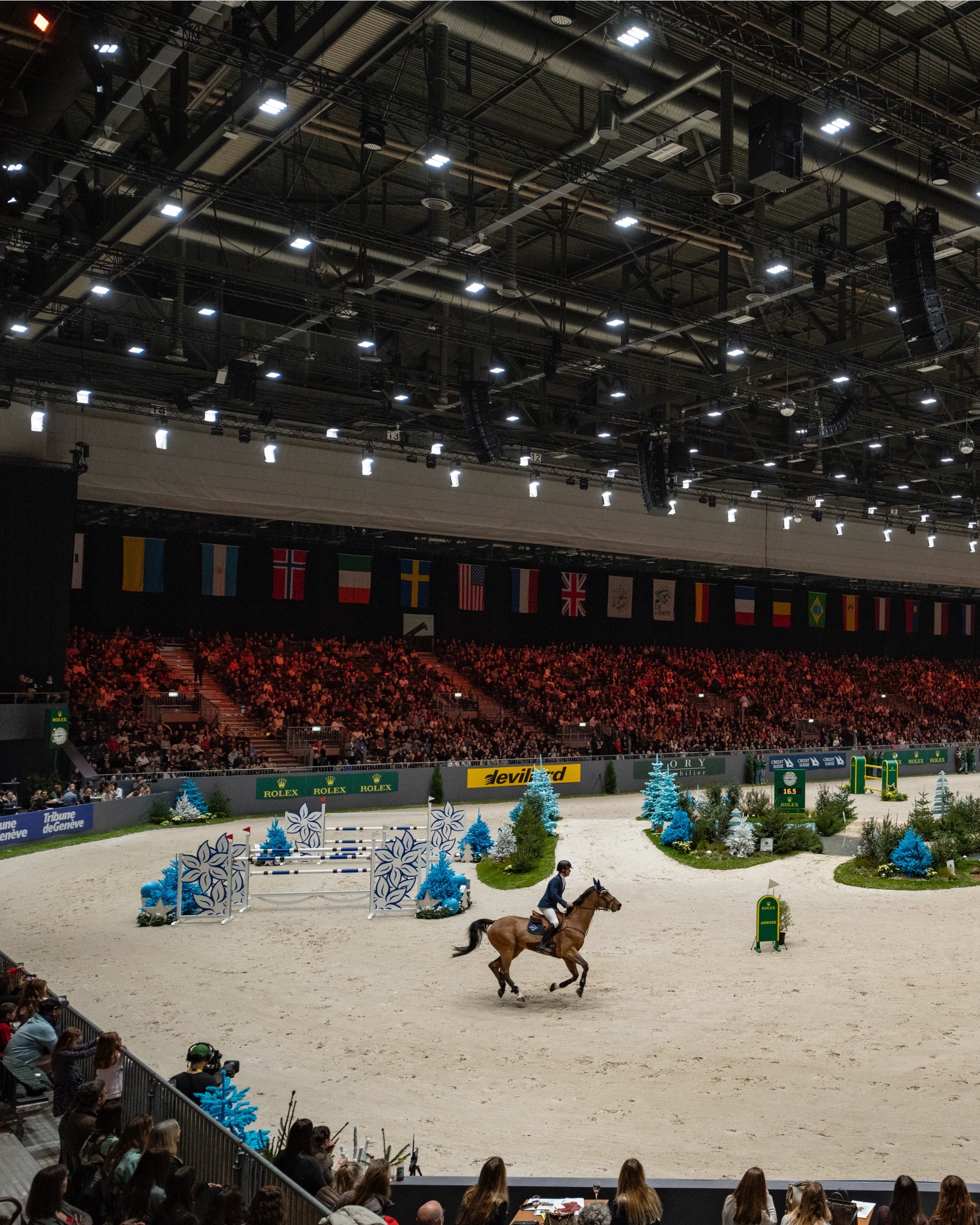 Ein Indoor-Reitsportevent, bei dem ein Reiter auf einem Pferd in einer Arena über Hindernisse springt. Die Arena ist voll mit Zuschauern und über den Sitzplätzen wehen Nationalflaggen. Außerdem säumen blau geschmückte Bäume den Sandplatz.