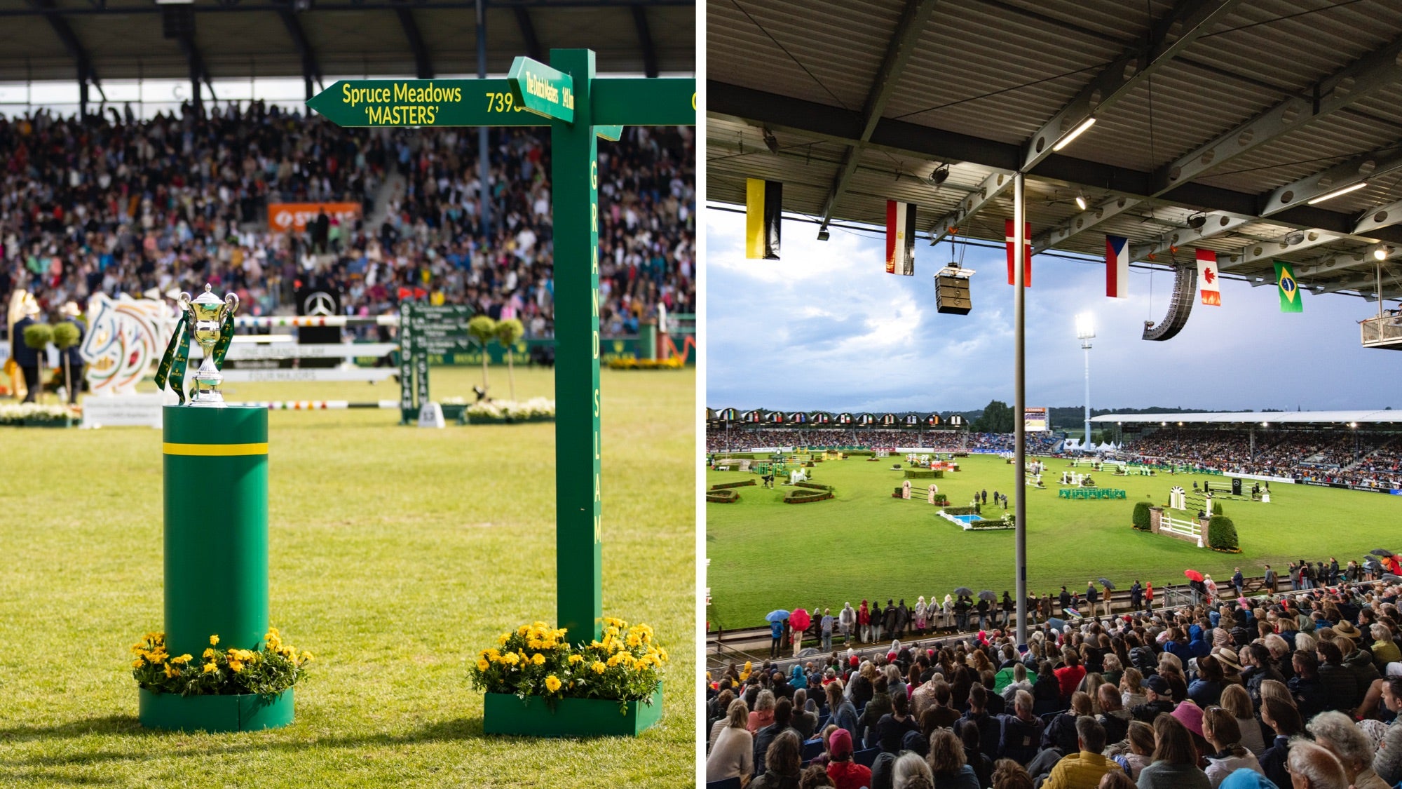 Geteiltes Bild eines Pferdesport-Events: Links ist ein Siegerpodest mit der Aufschrift „Spruce Meadows MASTERS“ und Topfblumen zu sehen. Rechts ist ein überfülltes Stadion mit Flaggen aus verschiedenen Ländern zu sehen, über dem sich ein Feld mit Sprüngen und Hindernissen befindet.