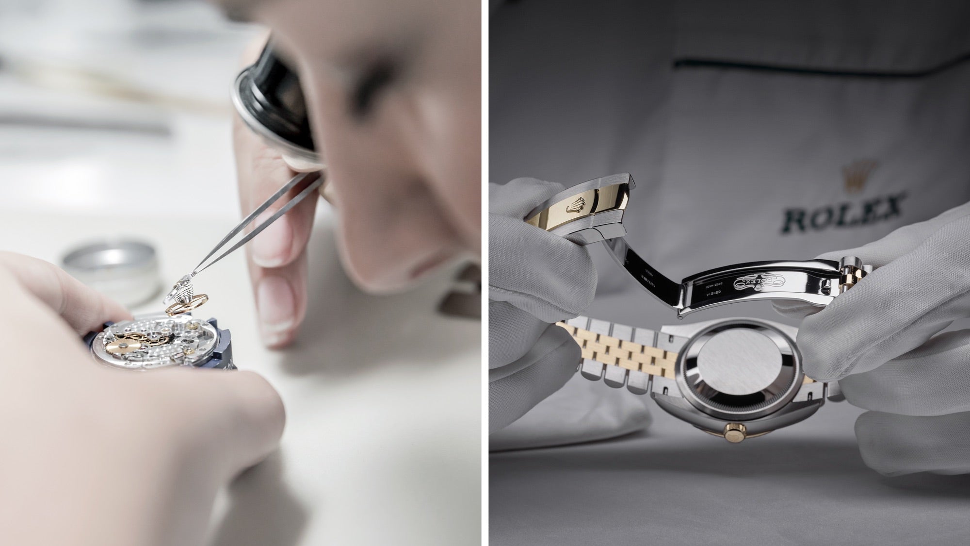 Links: Eine Person verwendet eine Pinzette, um ein Uhrwerk einzustellen. Rechts: Behandschuhte Hände zeigen ein silber-goldenes Uhrenarmband mit dem Rolex-Logo.