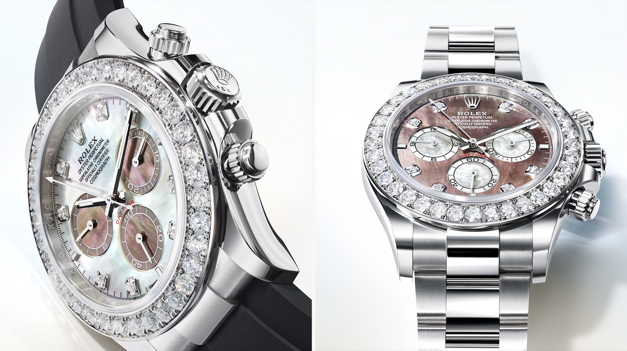 Zwei Luxusuhren werden nebeneinander gezeigt. Beide haben diamantbesetzte Lünetten und Chronographen-Zifferblätter. Die linke Uhr hat ein dunkles Armband, während die rechte ein silbernes Metallband aufweist. Beide Zifferblätter weisen eine Mischung aus Perlmutt- und Rosatönen auf.