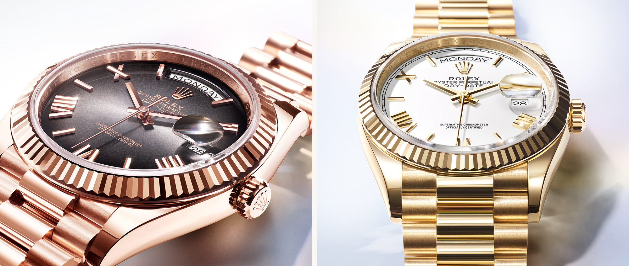 Ein geteiltes Bild von zwei luxuriösen Golduhren. Die linke Uhr hat ein dunkles Zifferblatt mit römischen Ziffern und die rechte Uhr hat ein helleres Zifferblatt mit einer Tages- und Datumsanzeige. Beide haben metallische Bänder und detaillierte Lünetten.
