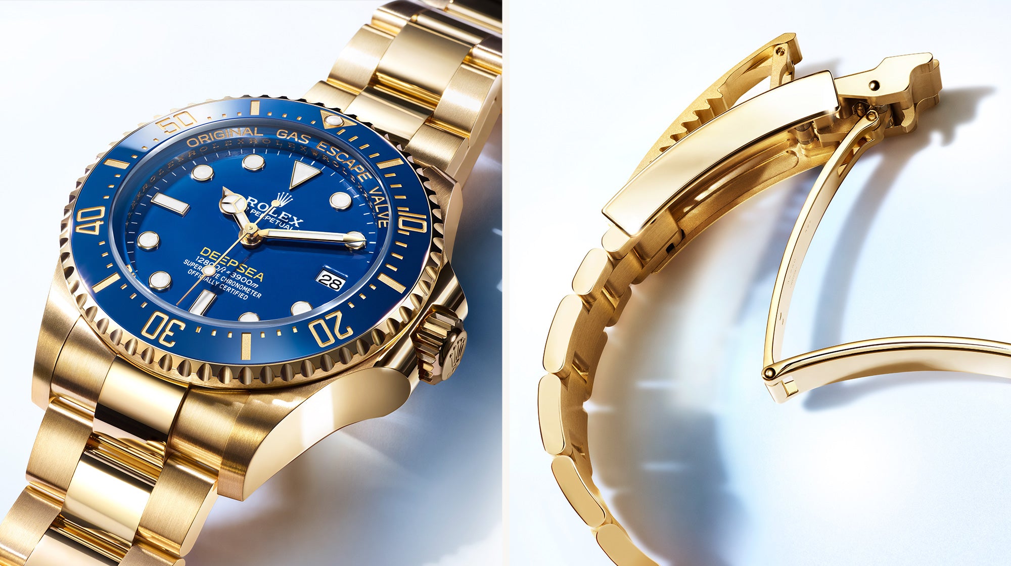 Eine goldene Luxusarmbanduhr verfügt über ein blaues Zifferblatt mit goldenen Markierungen und einer drehbaren Lünette auf der linken Seite. Auf der rechten Seite zeigt eine Nahaufnahme des goldenen Armbandverschlusses sein kompliziertes Design und seine polierte Oberfläche.