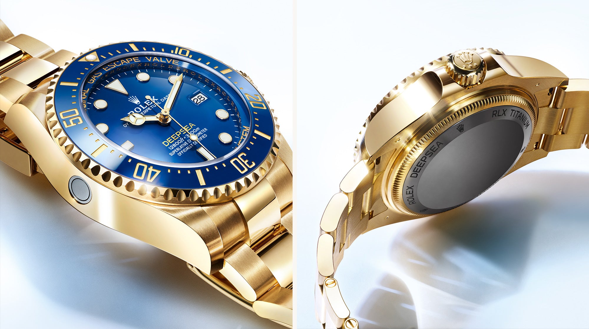 Nahaufnahme einer goldenen Luxus-Taucheruhr mit blauem Zifferblatt und drehbarer Lünette. Die linke Seite zeigt die Vorderseite mit leuchtenden Markierungen, während die rechte Seite die Seite und Rückseite mit aufwendigen Details und Gravuren zeigt.