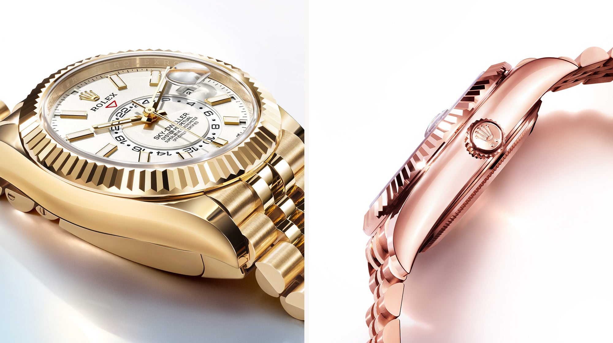 Eine luxuriöse goldene Uhr mit detailliertem Zifferblatt und Datumslupe wird aus zwei Blickwinkeln gezeigt. Die linke Seite zeigt das komplizierte Zifferblatt, während die rechte Seite die elegante, polierte Seite und das Armband der Uhr hervorhebt.