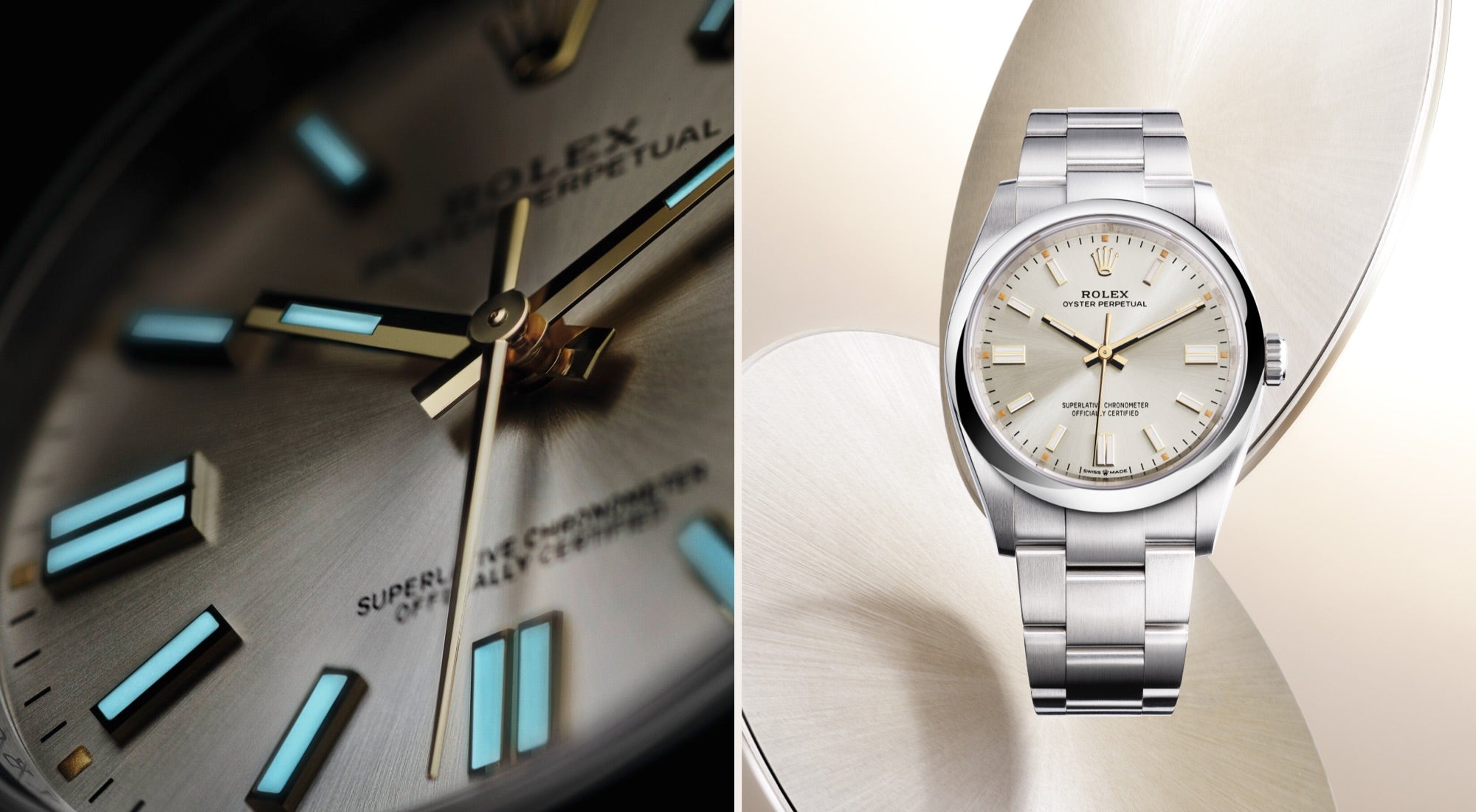 Nahaufnahme einer Rolex Oyster Perpetual-Uhr mit leuchtenden Stundenmarkierungen auf der linken Seite und Gesamtansicht der Uhr mit silbernem Zifferblatt und Edelstahlarmband auf der rechten Seite, vor einem beigen Hintergrund.