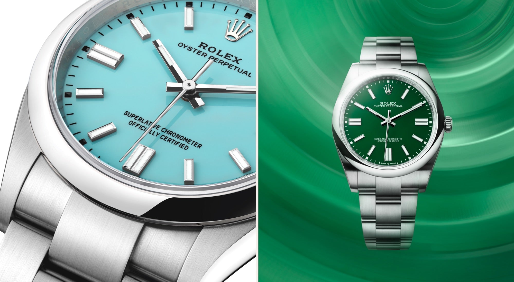 Nahaufnahme von zwei Rolex Oyster Perpetual-Uhren. Die linke Uhr hat ein türkisfarbenes Zifferblatt, während die rechte Uhr ein grünes Zifferblatt hat. Beide haben Edelstahlbänder und sind vor einem grün-blauen Farbverlaufshintergrund angebracht.