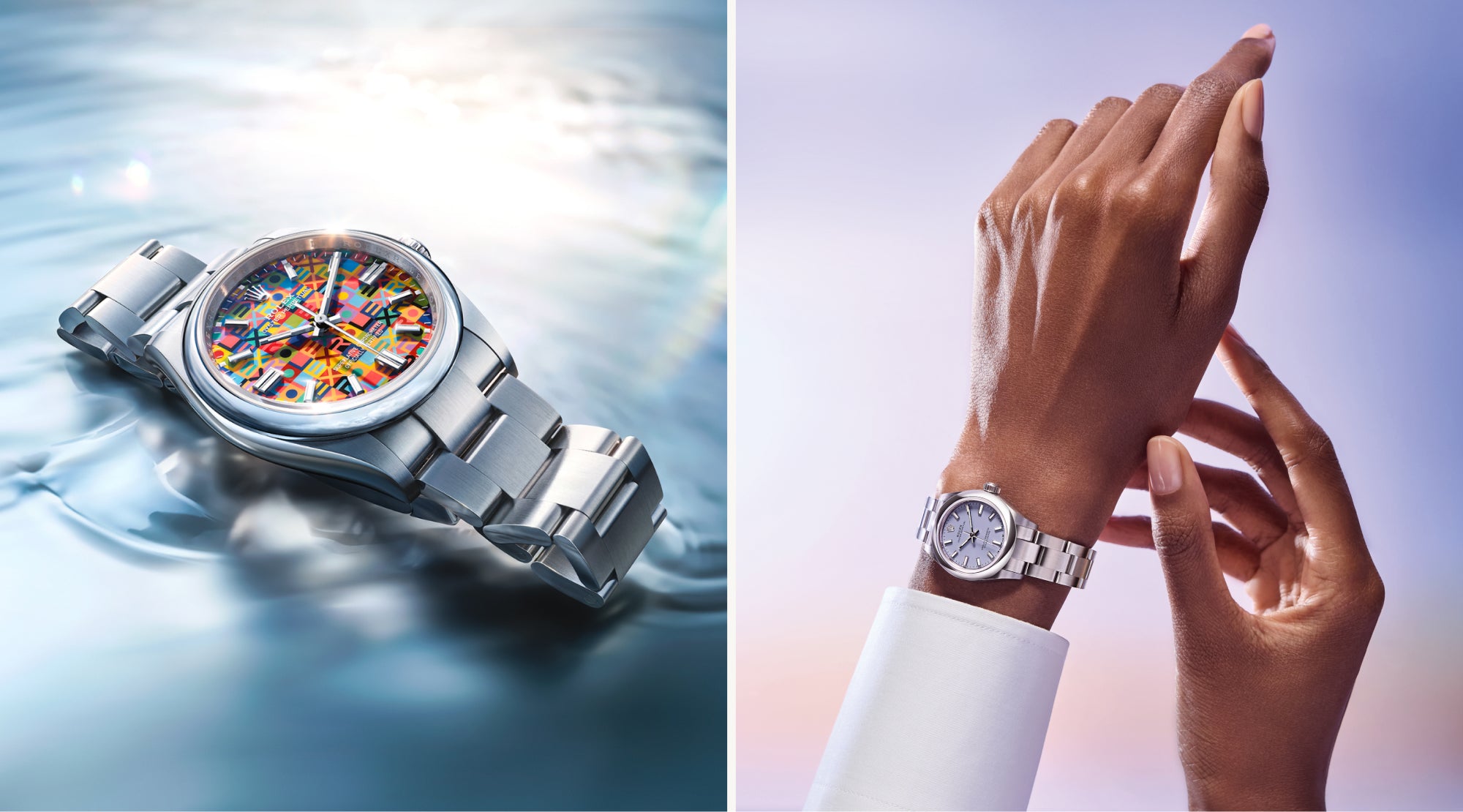 Geteiltes Bild: Auf der linken Seite ruht eine silberne Armbanduhr mit einem bunten Zifferblatt auf plätscherndem Wasser. Rechts befestigt eine Person eine ähnliche silberne Uhr mit einfarbigem Ziffernblatt an ihrem Handgelenk vor einem weichen, pastellfarbenen Hintergrund.