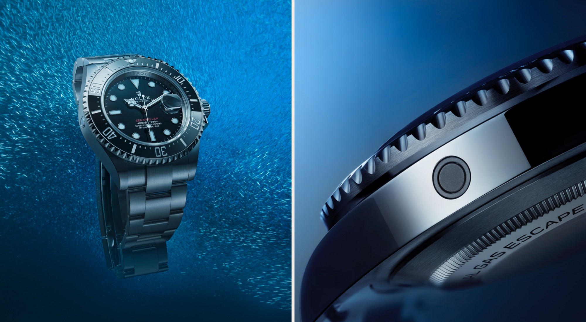 Nahaufnahme einer Luxus-Taucheruhr unter Wasser, die ihr Metallarmband, ihr dunkles Zifferblatt und ihre drehbare Lünette zeigt. Auf der rechten Seite sind seitliche Details zu sehen, die das Gasauslassventil vor einem blauen Hintergrund hervorheben, der Wasser ähnelt.
