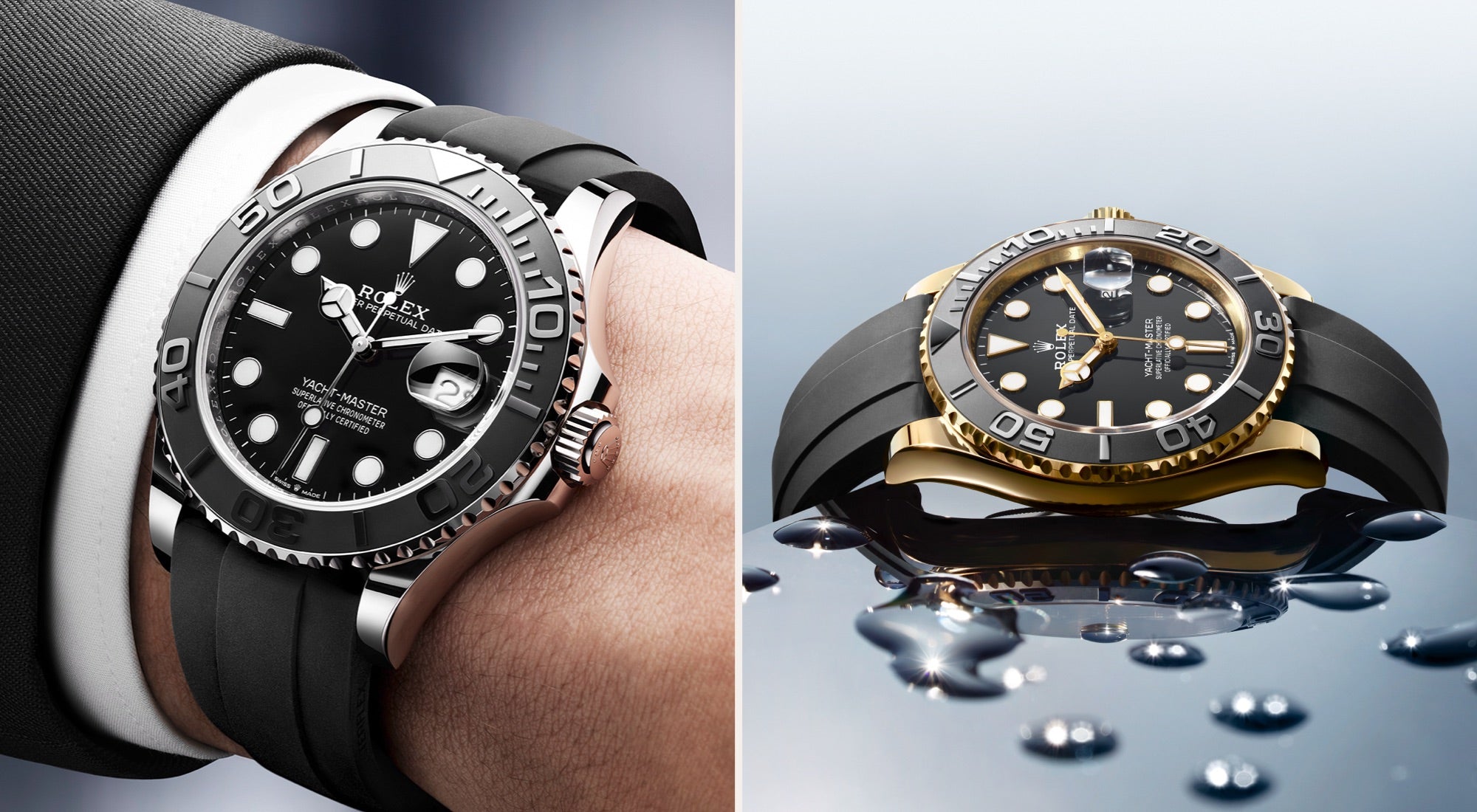 Eine schwarz-silberne Rolex-Uhr mit Gummiarmband wird am Handgelenk getragen, und ein ähnliches gold-schwarzes Modell steht auf einer reflektierenden Oberfläche mit Wassertropfen. Beide Uhren verfügen über eine drehbare Lünette und leuchtende Zifferblätter.
