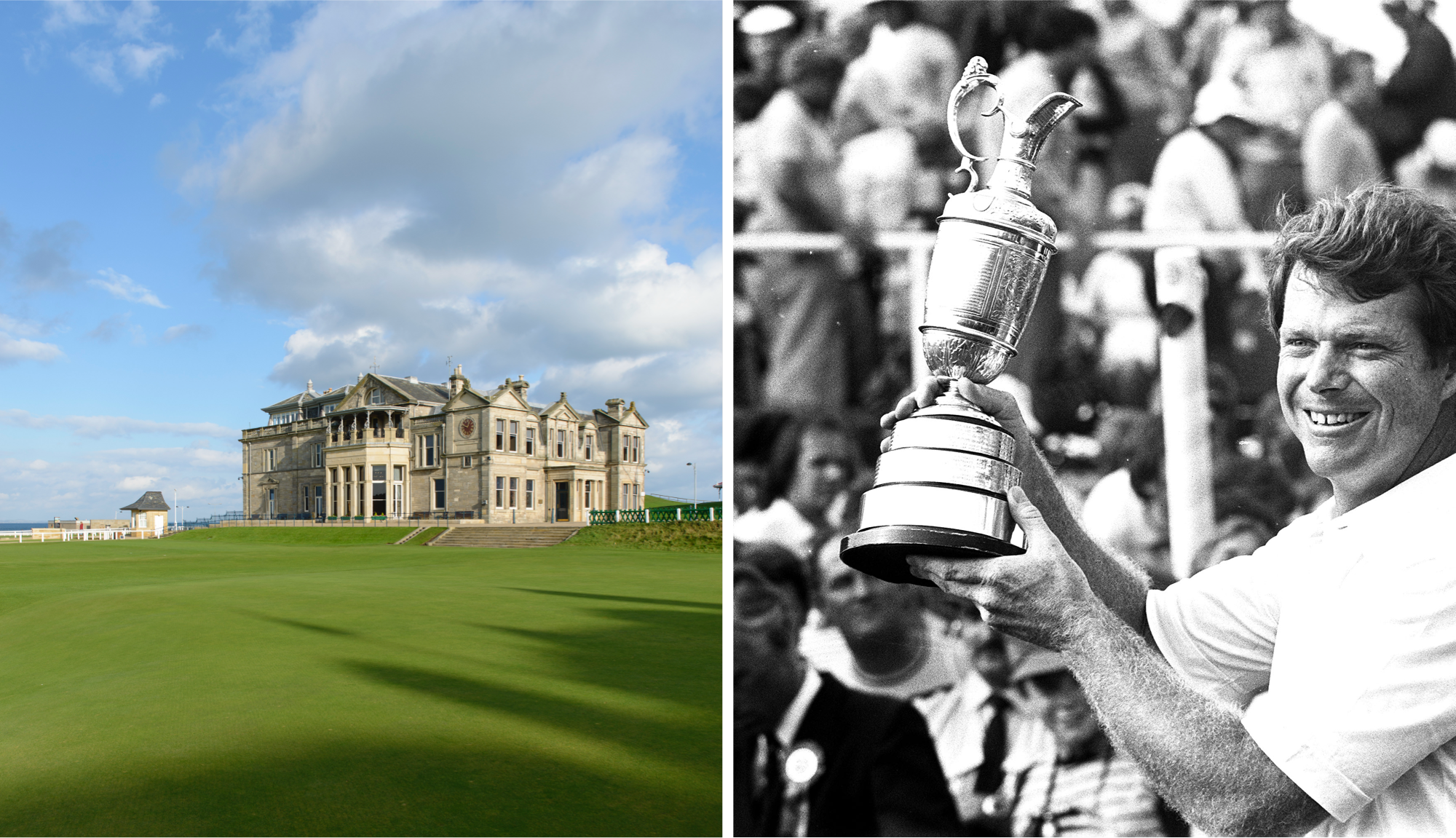 Das Bild ist zweigeteilt. Links ist ein historisches Golfclubhaus mit grünem Rasen und blauem Himmel zu sehen. Rechts ist ein Schwarzweißfoto zu sehen, auf dem ein lächelnder Mann mit einer großen Trophäe zu sehen ist. Im Hintergrund ist eine Menschenmenge zu sehen.