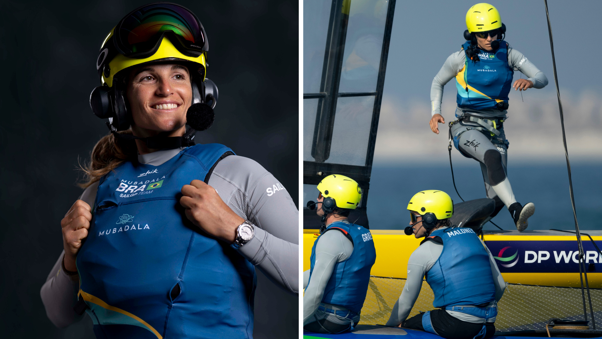 Geteiltes Bild: Links - lächelnde Seglerin mit blauer Schwimmweste, gelbem Helm und Sonnenbrille. Rechts - drei Segler auf einem Rennboot, einer springend; alle tragen gelbe Helme und blaue Westen, im Hintergrund eine verschwommene Stadtlandschaft.