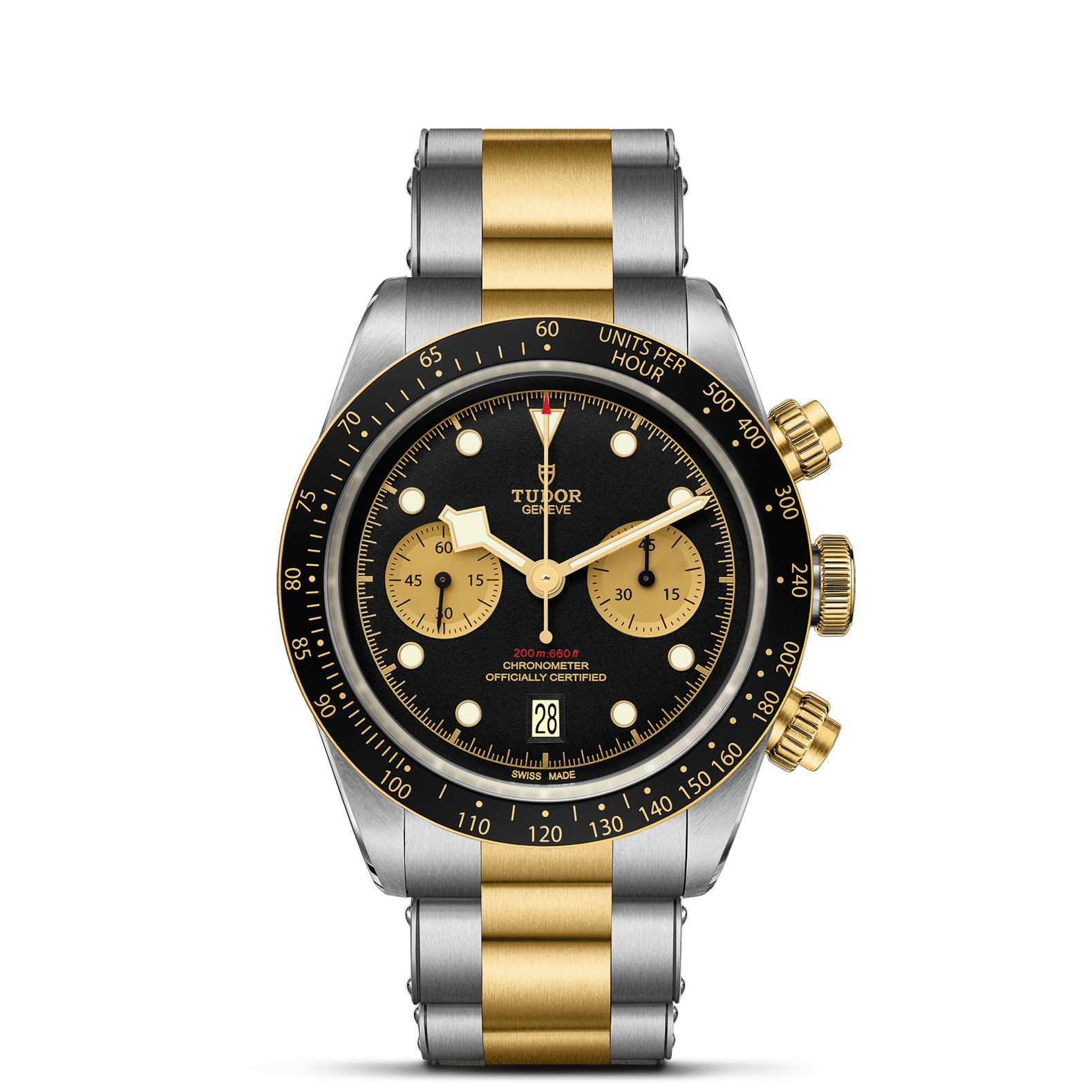 Die Schullin TUDOR BLACK BAY CHRONO S&G ist eine luxuriöse Armbanduhr mit einem schwarz-goldenen Zifferblatt mit zwei Hilfszifferblättern, einer goldenen Lünette und einem zweifarbigen silber-goldenen Metallarmband, das auf einem schlichten weißen Hintergrund dargestellt ist.