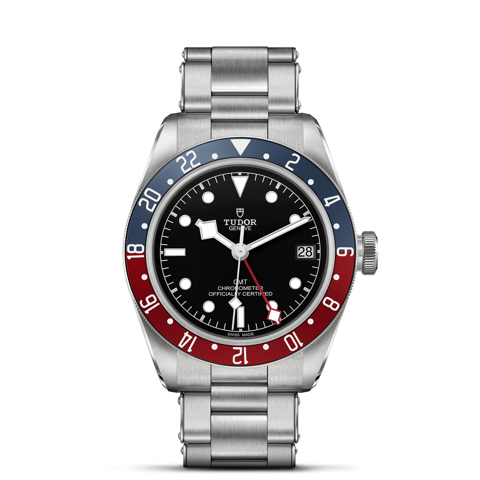Die Schullin TUDOR BLACK BAY GMT verfügt über ein Edelstahlgehäuse, ein schwarzes Zifferblatt, eine rote und blaue Lünette, silberne Indexe, das Datum bei 3 Uhr und ein Metallgliederarmband auf weißem Grund.