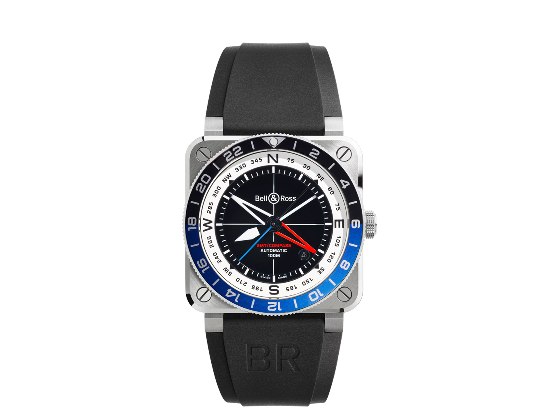 Die Schullin BELL & ROSS BR-03 GMT COMPASS hat ein quadratisches Edelstahlgehäuse, ein schwarzes Zifferblatt, eine blau-weiße 24-Stunden-Lünette, rote und weiße Zeiger und ein schwarzes Kautschukarmband mit "BR"-Prägung.