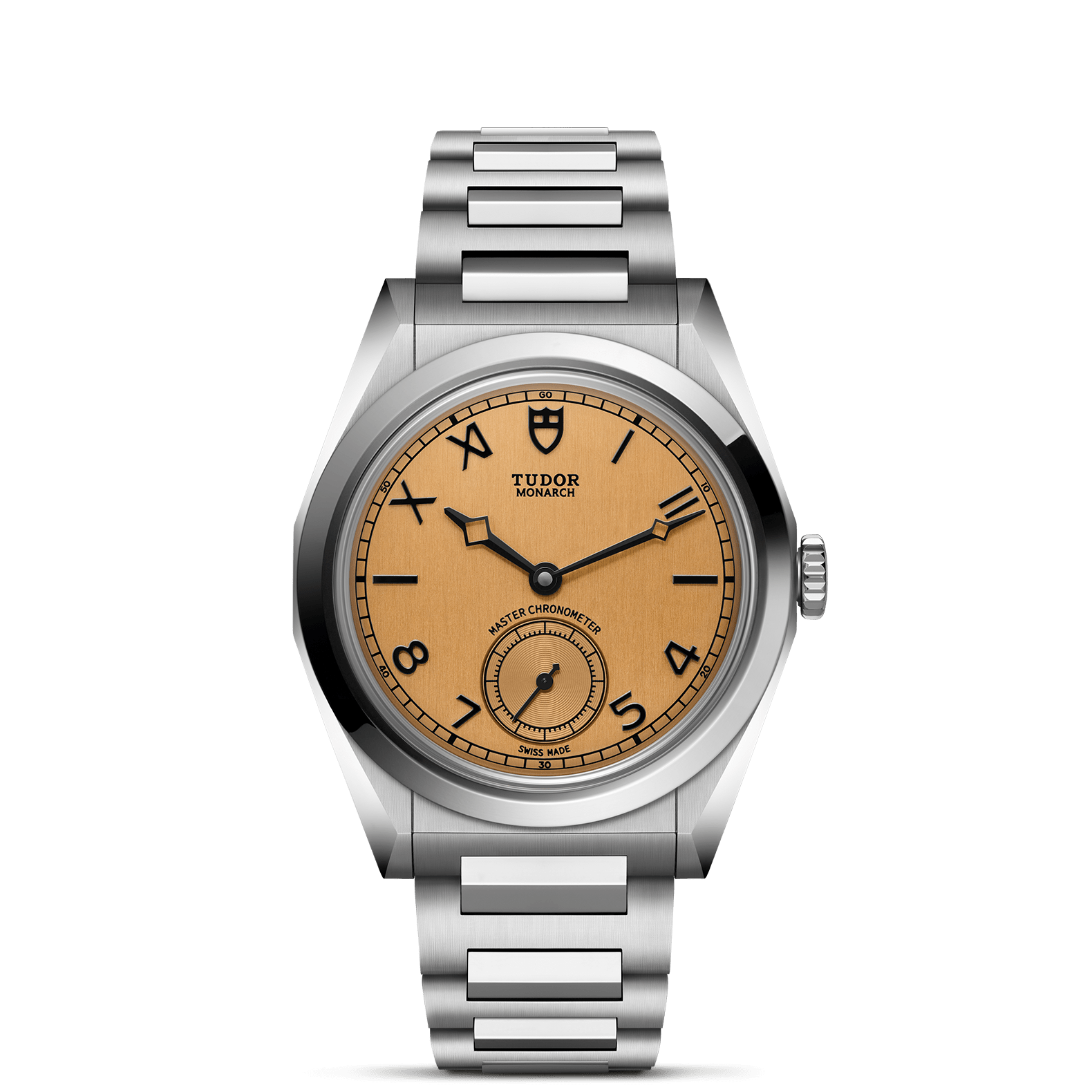 Die Schullin TUDOR MONARCH ist eine Armbanduhr aus Edelstahl mit gebürstetem Metallarmband, champagnerfarbenem Zifferblatt, schwarzen arabischen Ziffern und einer kleinen Sekundenanzeige bei 6 Uhr, mit dem Markenlogo und dem Namen unter 12 Uhr.