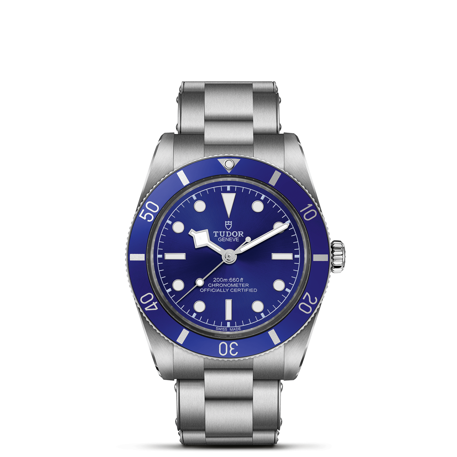 Die TUDOR BLACK BAY 54 von Schullin ist eine Edelstahluhr mit blauer Lünette, blauem Zifferblatt, weißen Indexen, "TUDOR"-Schriftzug, Metallgliederarmband und zeigt die Uhrzeit 10:10 an.