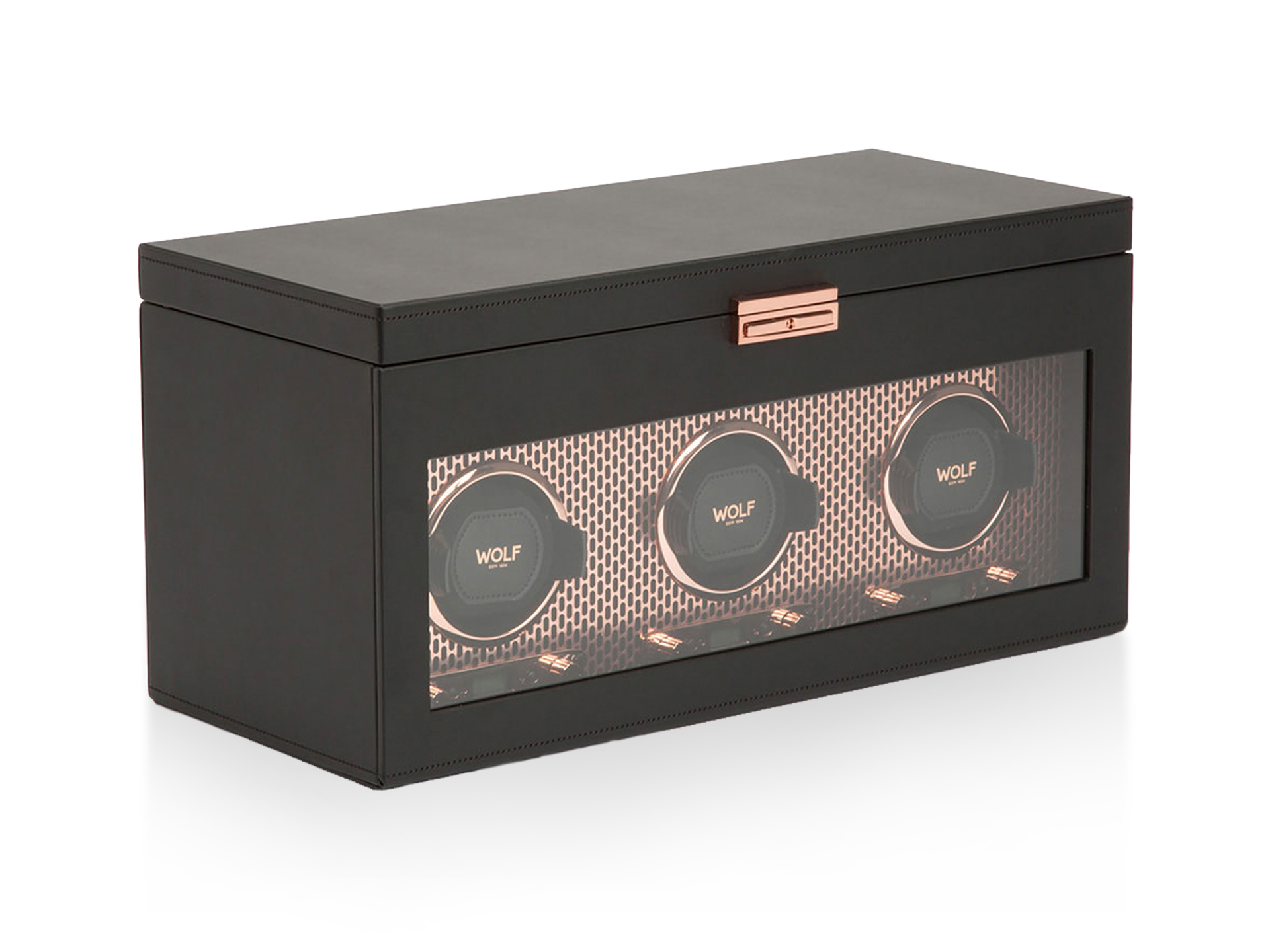 Der Schullin UHRENBEWEGER ist eine schwarze, rechteckige Uhrenbewegerbox mit einer Glasfront, die im Inneren drei runde Uhrenhalterungen und elegante Roségold-Akzente aufweist.