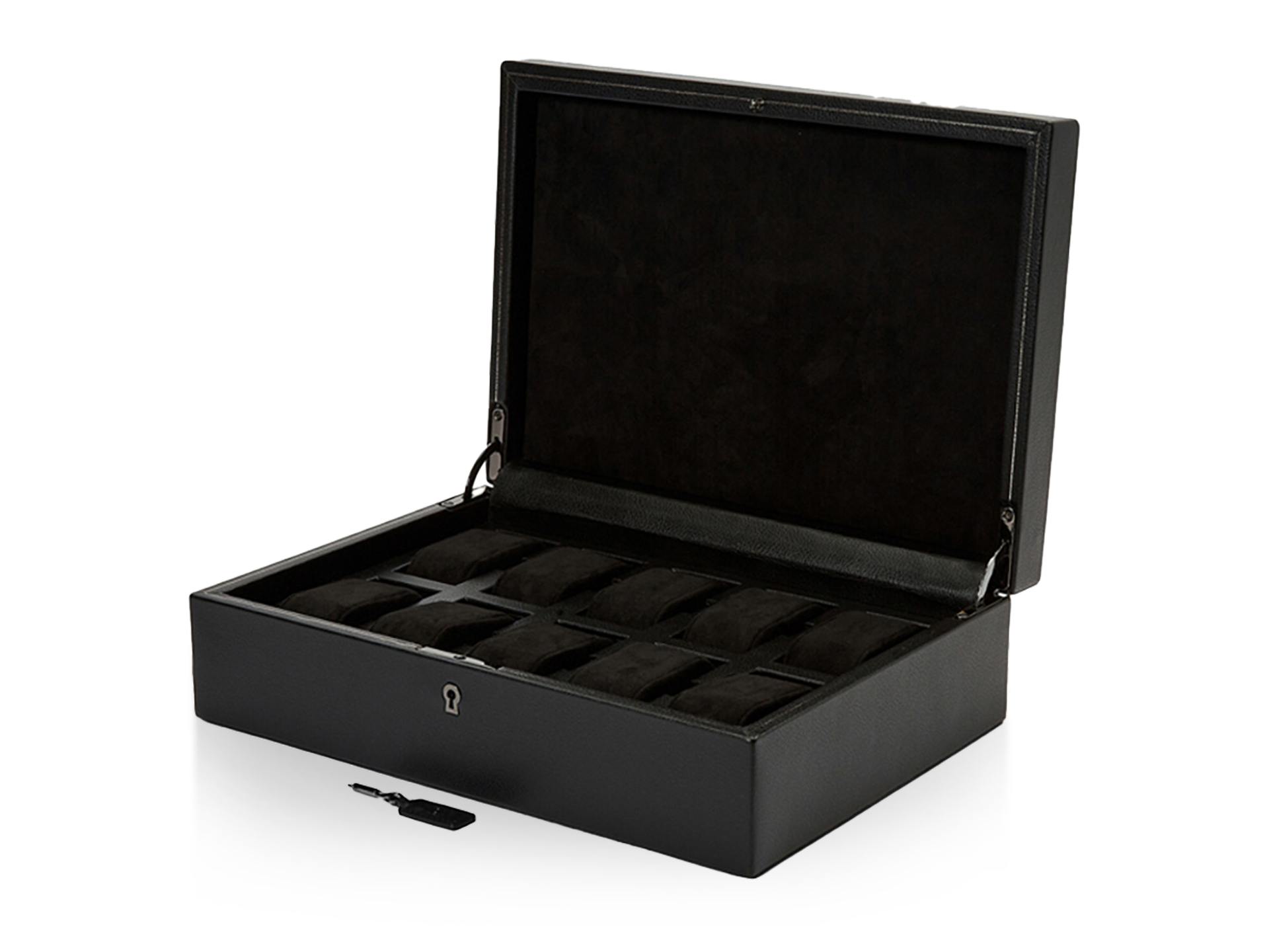 Die Schullin UHRENBOX ist eine schwarze Leder-Uhrenbox mit Scharnierdeckel und mehreren mit schwarzem Stoff ausgekleideten Fächern. Ein kleiner Schlüssel und ein Schloss sind daneben auf einer weißen Fläche angebracht.