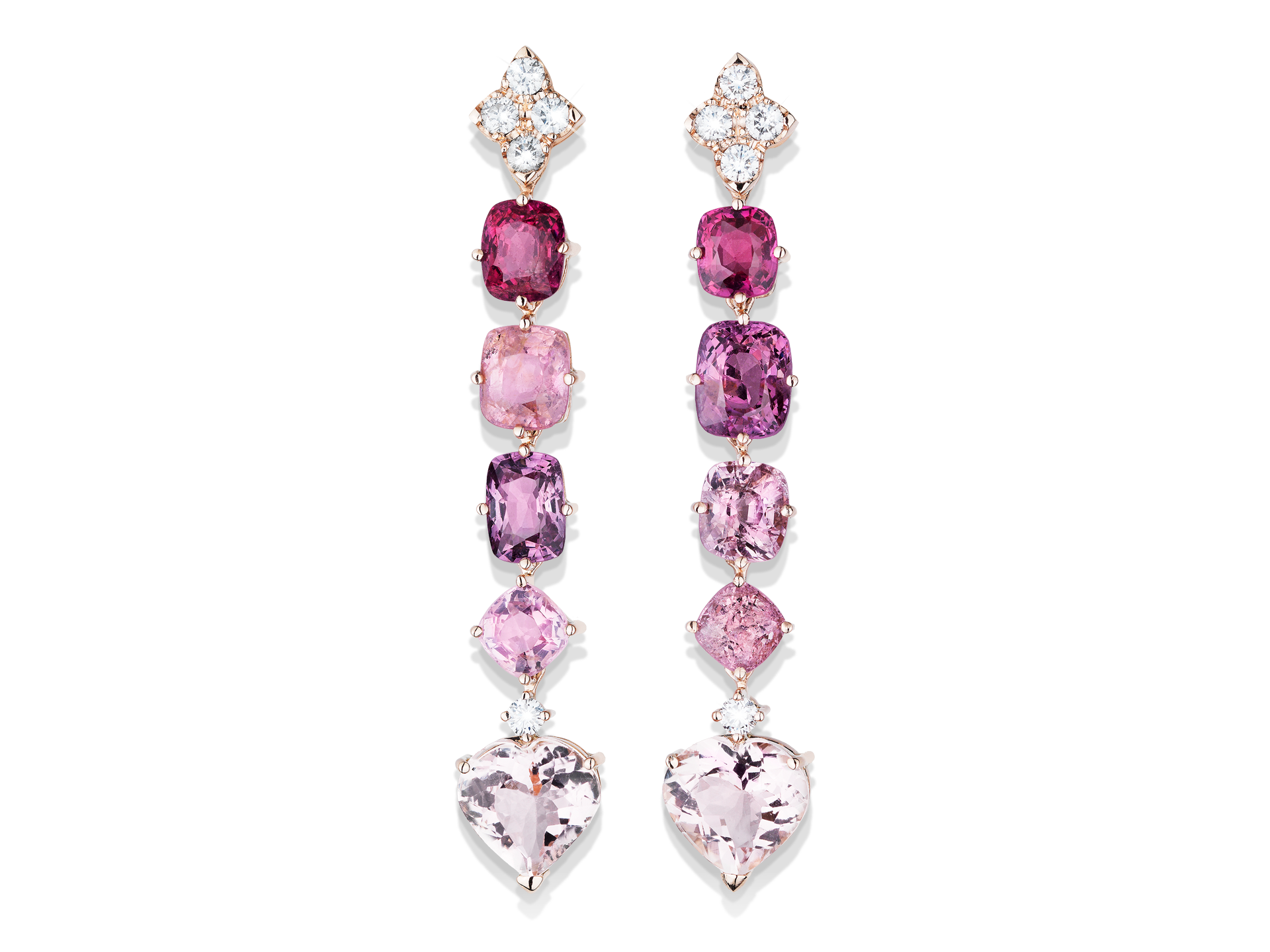 Die SPINELL OHRGEHÄNGE von Schullin sind baumelnde Ohrringe mit weißen Diamanten, einem rosa bis violetten Edelsteinverlauf in Gold und großen herzförmigen blassrosa Steinen am Ende.
