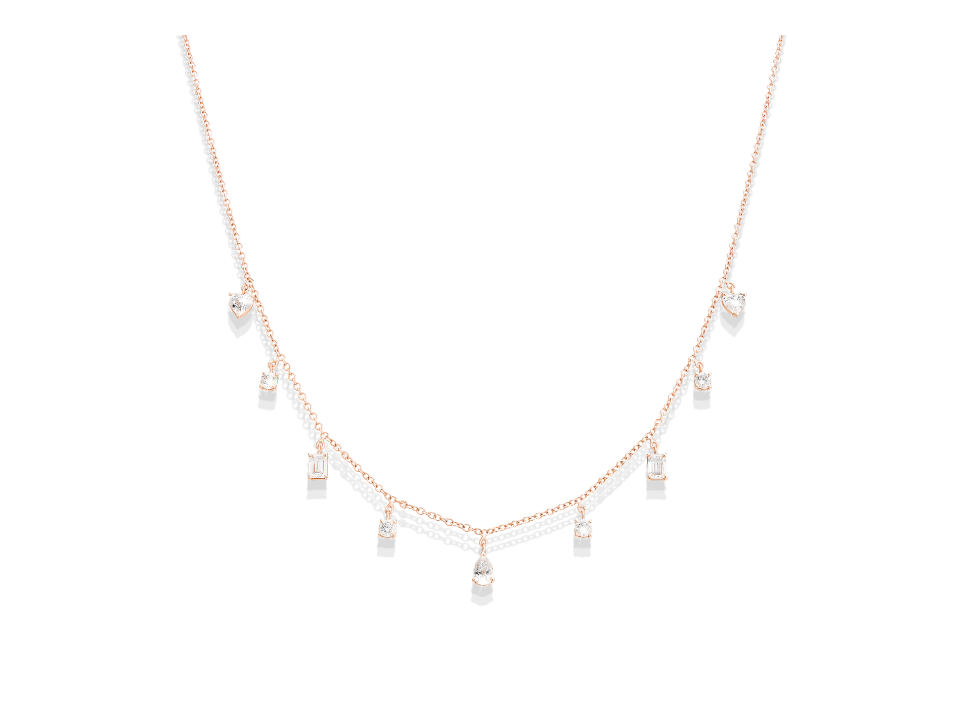 Die Schullin DIAMANT HALSKETTE ist eine roségoldene Halskette mit kleinen geometrischen und runden Edelsteinanhängern, die entlang der Kette verteilt sind, auf weißem Hintergrund.