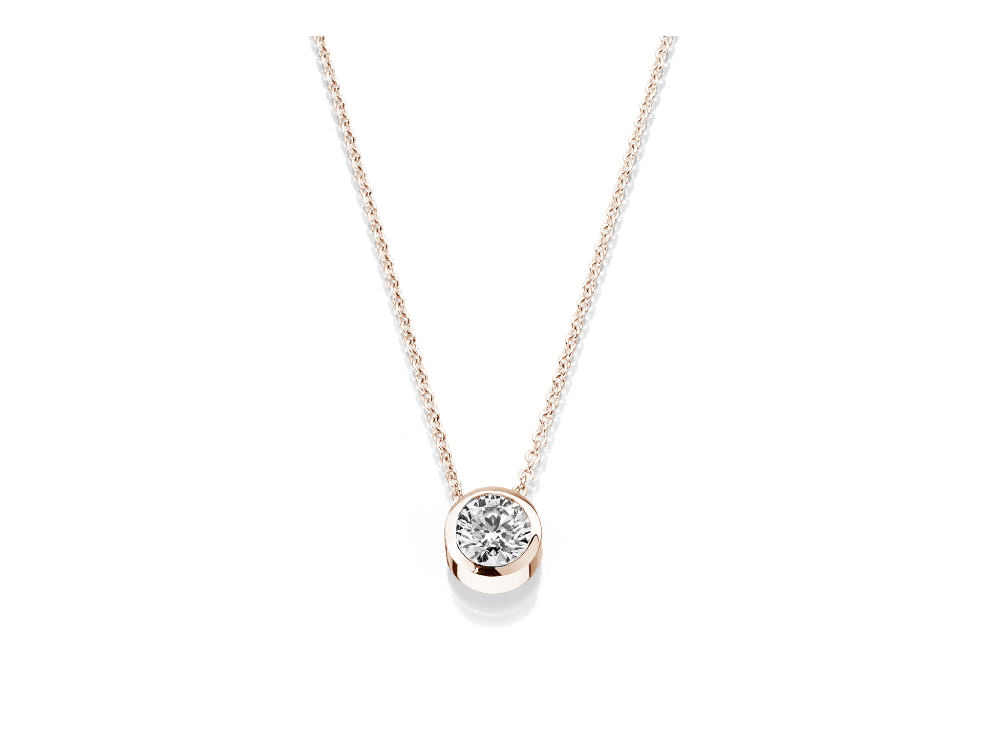 Die Schullin SOLITAIRE HALSKETTE 0,35 CARAT ist eine zarte Goldkette mit einem einzelnen runden Diamanten in einer schlichten Lünettenfassung, die auf einem schlichten weißen Hintergrund gezeigt wird.