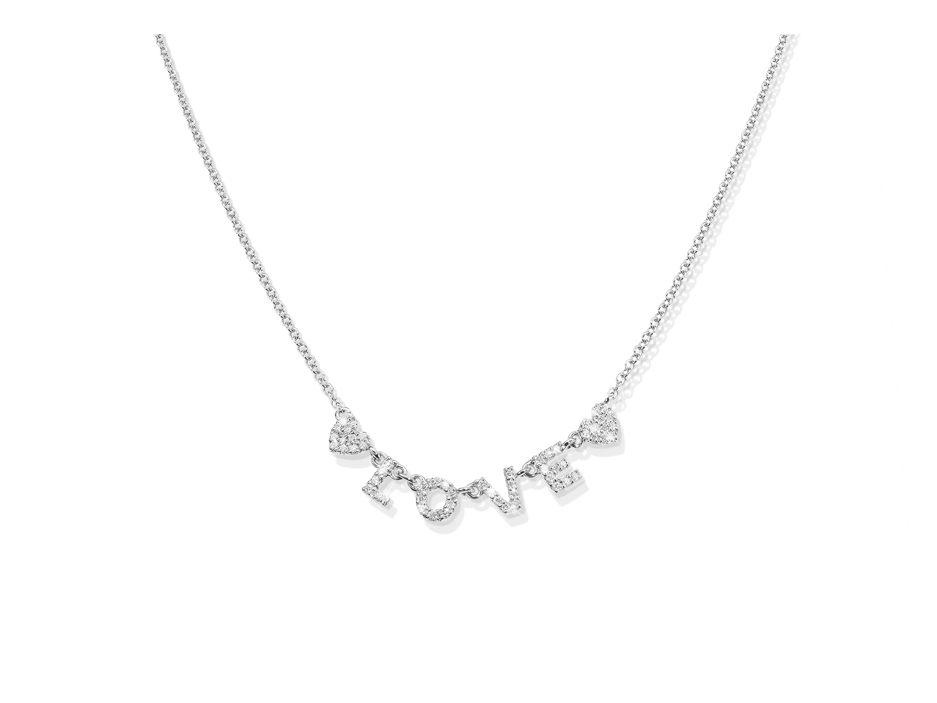 Die Schullin LOVE HALSKETTE besteht aus diamantbesetzten Buchstaben mit der Aufschrift LOVE" auf einer silbernen Kette vor weißem Hintergrund.