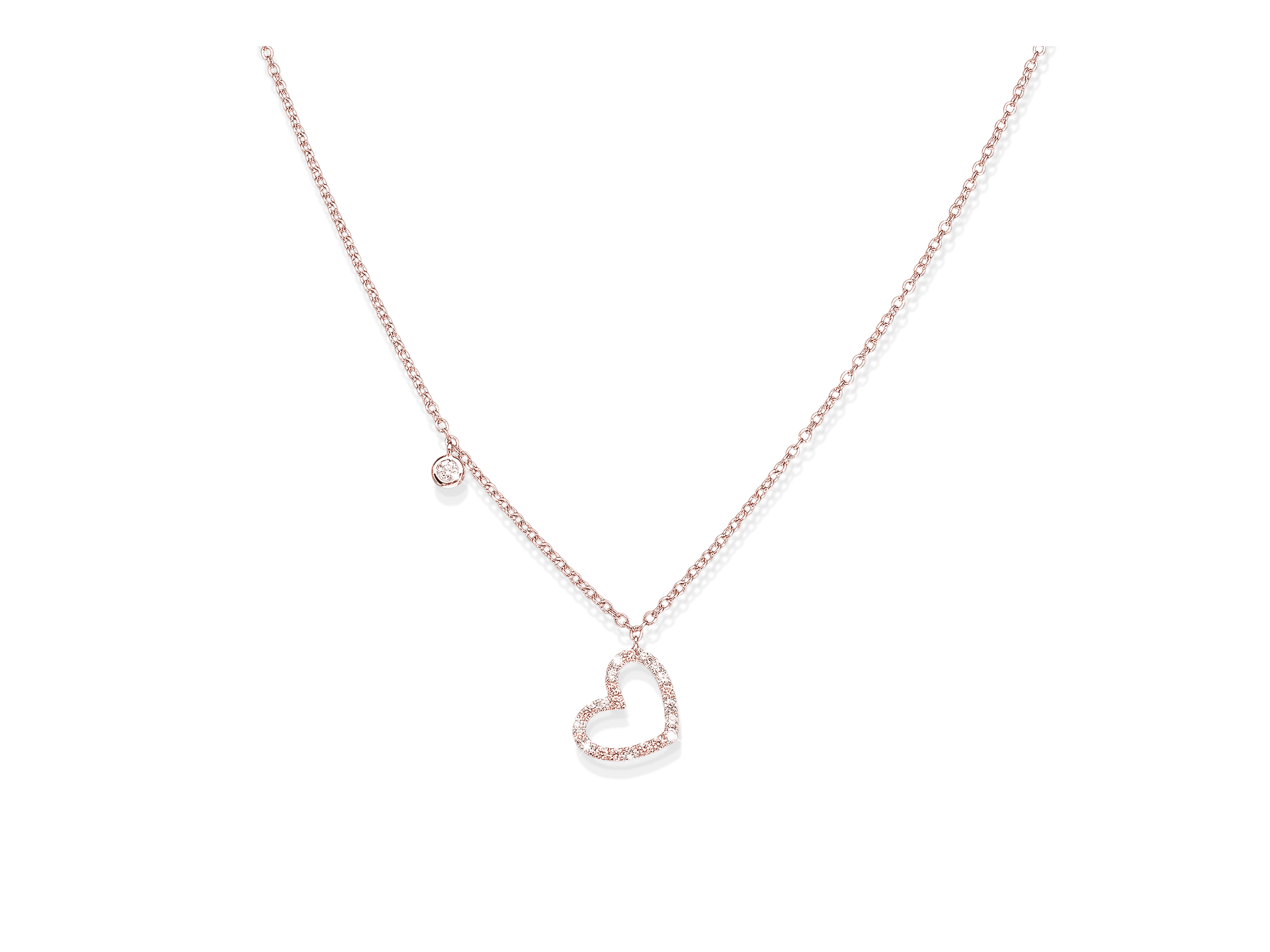 Die HERZ HALSKETTE von Schullin ist eine roségoldene Halskette mit einem diamantbesetzten, offenen Herzanhänger und einem kleinen, runden Diamantanhänger an der Kette.
