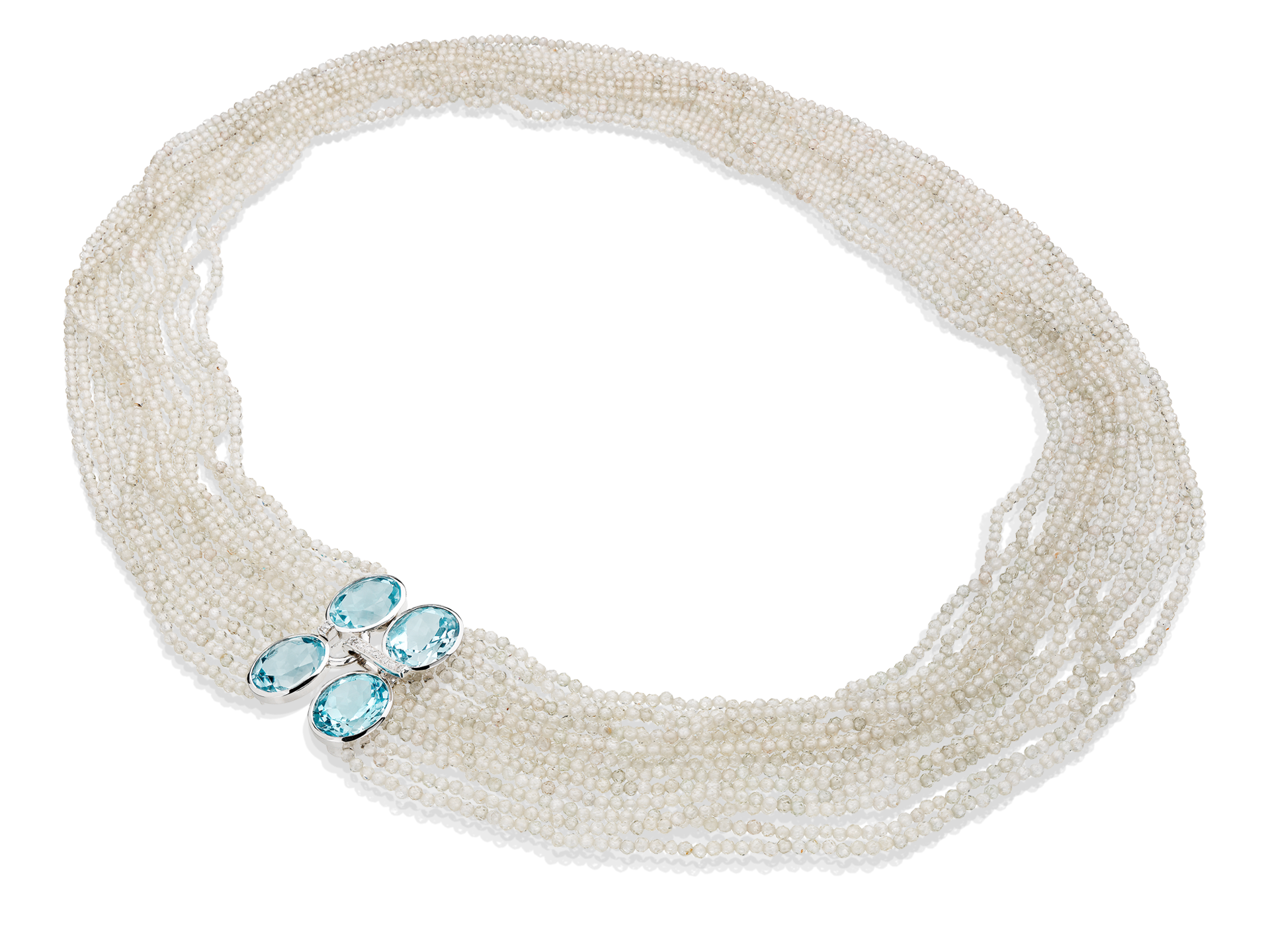Collier aus 14 Reihen Zirkon und 18 Karat Weißgold-Schließe mit Topasen und Diamanten.