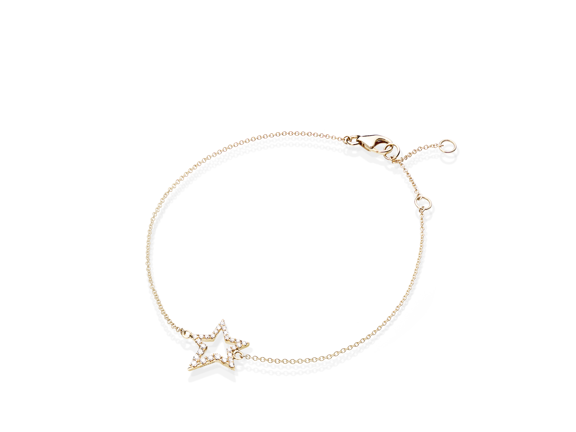 Das STERN ARMBAND von Schullin ist ein exquisites Goldarmband aus 18 Karat Gelbgold. Es verfügt über einen kleinen sternförmigen Anhänger, der mit winzigen Edelsteinen besetzt ist, sowie eine zarte Kette und einen Karabinerverschluss zum Befestigen.