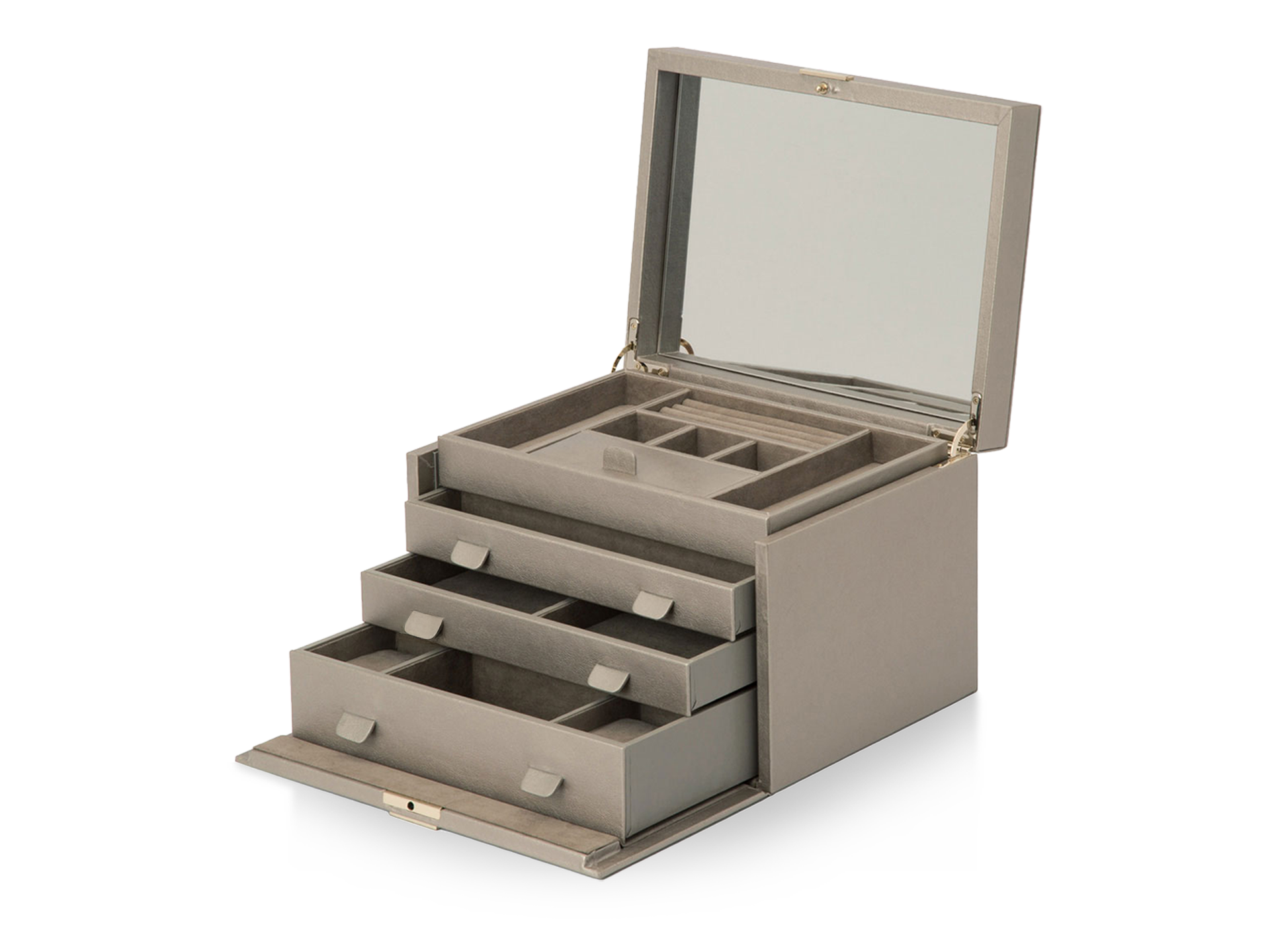 Die SCHMUCKBOX von Schullin ist eine beigefarbene Schmuckschatulle mit einem offenen Deckel, der einen Spiegel, drei ausziehbare Schubladen und mehrere Fächer für die Organisation Ihres Schmucks enthält.