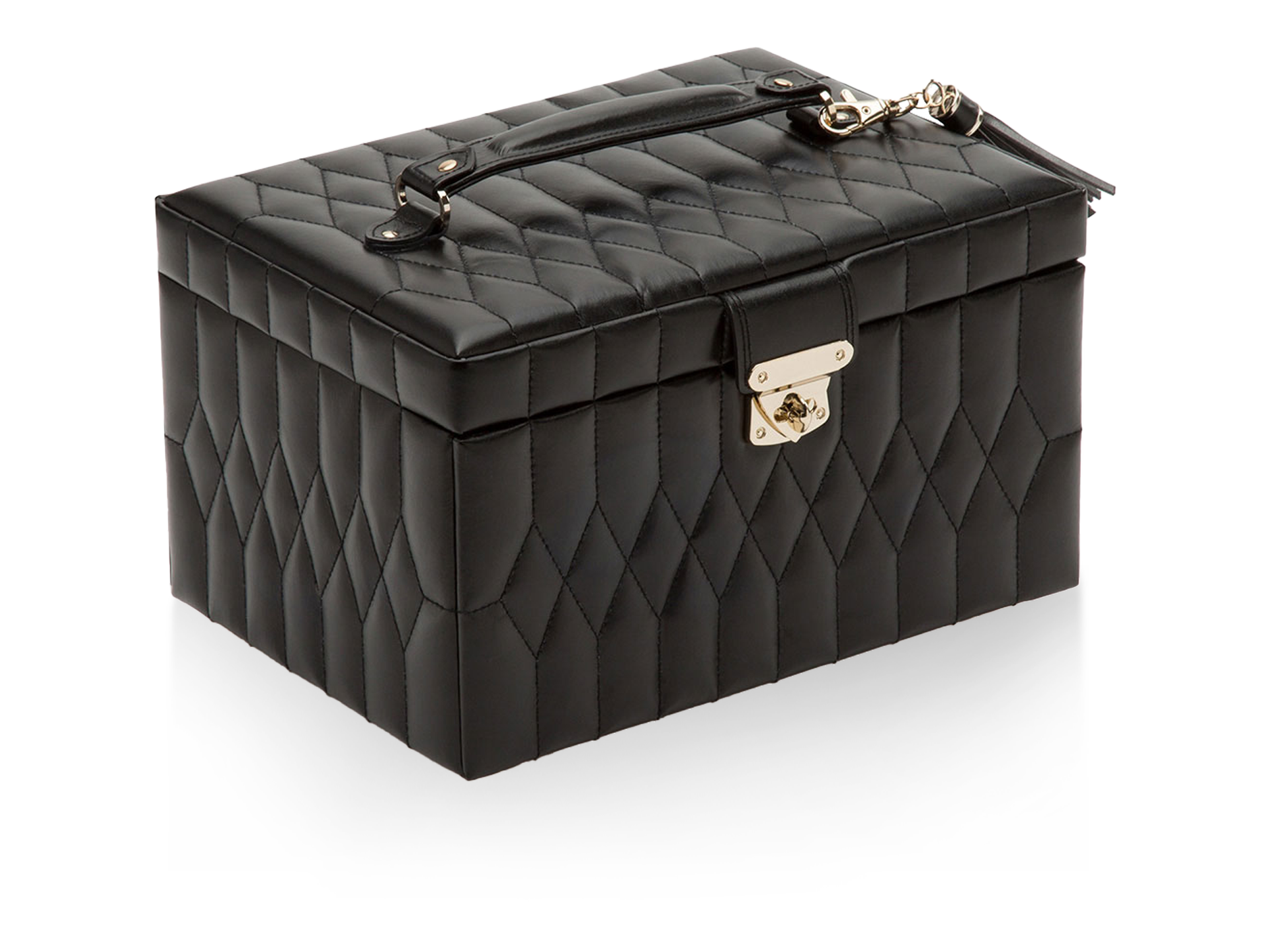 Die SCHMUCKBOX von Schullin ist eine schwarze, gesteppte Lederbox mit einem Griff an der Oberseite und einem goldfarbenen Verschluss auf der Vorderseite, der auf einem weißen Hintergrund abgebildet ist.