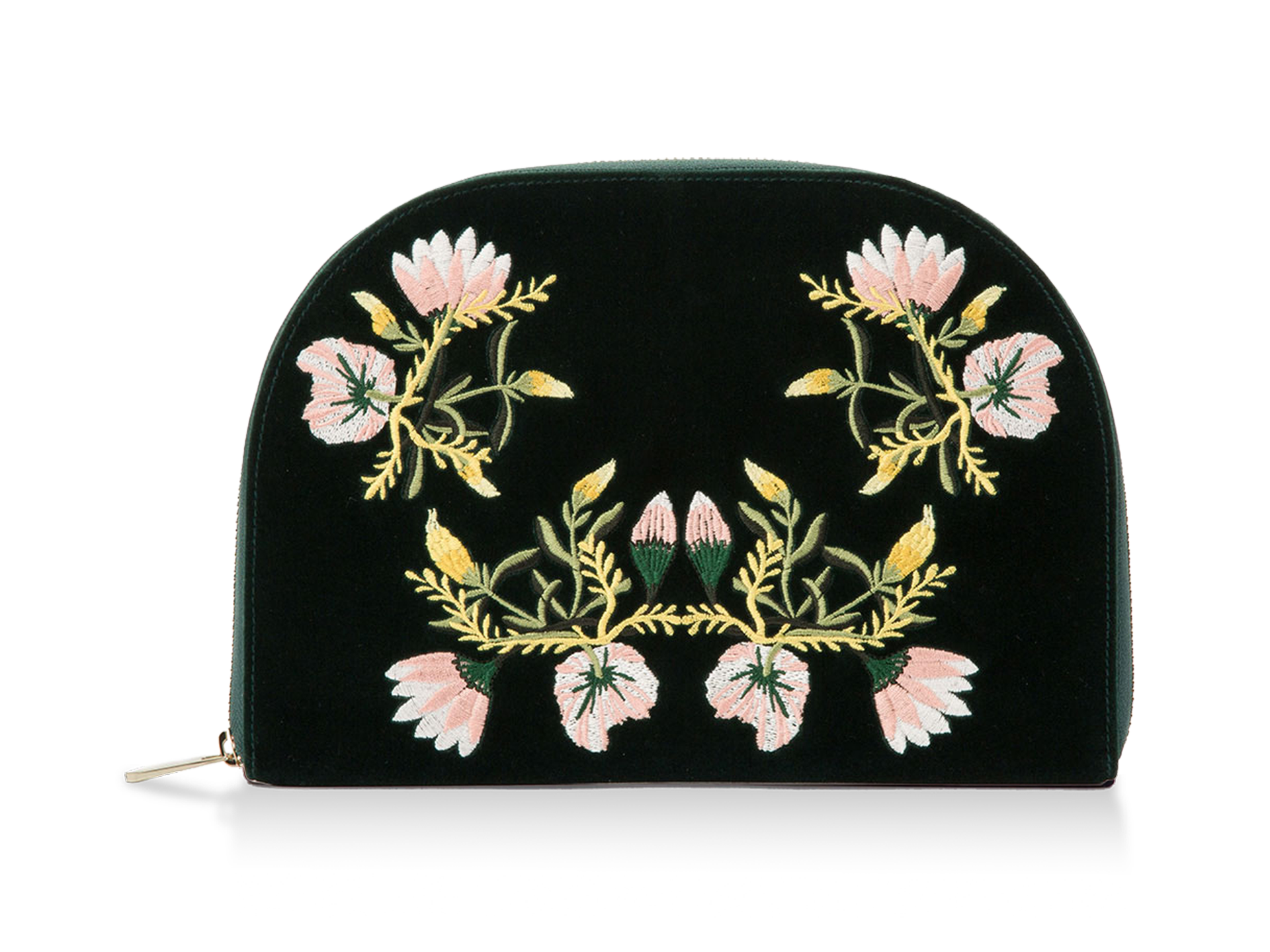 Die SCHMUCKTASCHE von Schullin ist eine schwarze Samttasche mit Reißverschluss und einer symmetrischen Blumenstickerei in Rosa, Weiß und Grün auf der Vorderseite.