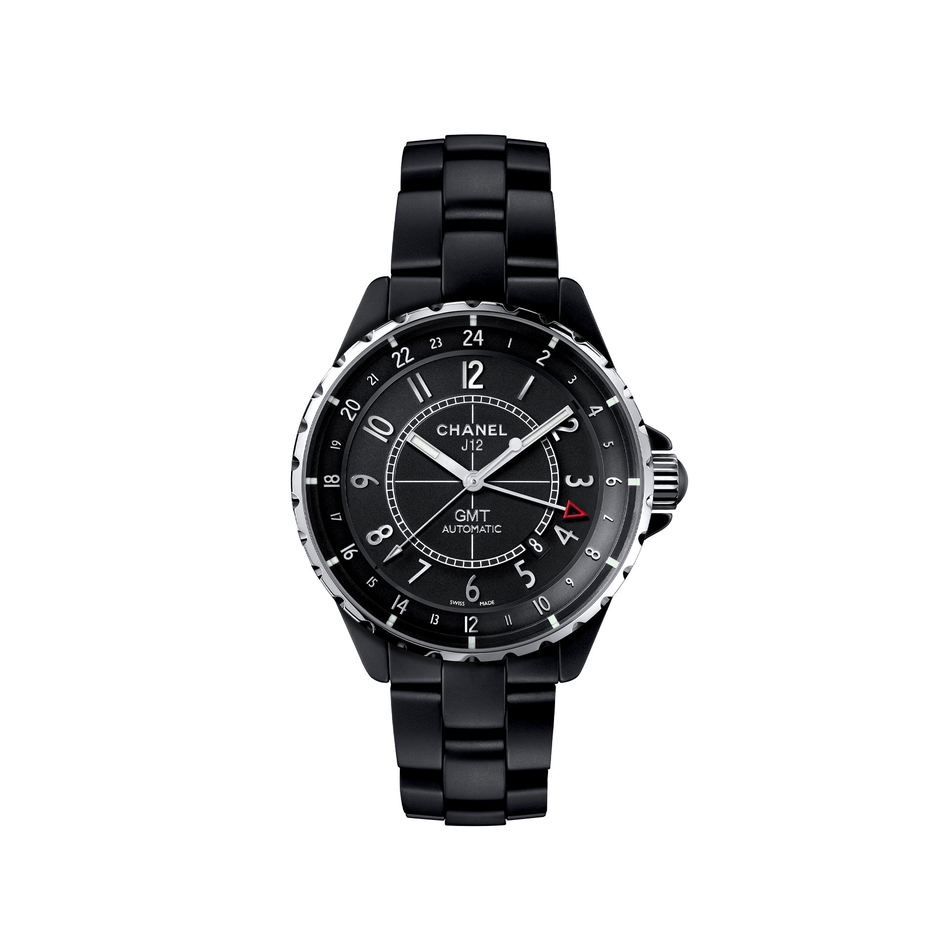 Die schwarze Uhr Schullin J12 GMT H3101 zeichnet sich durch ein sportliches Zeitmesser-Design aus, das durch ihr elegantes schwarzes Keramikarmband hervorgehoben wird. Das Zifferblatt zeigt auffällige weiße Stundenmarkierungen, einen 24-Stunden-Ring und einen kleinen roten Pfeil für die GMT-Zeit, begleitet vom ikonischen Chanel-Logo und dem Text „GMT AUTOMATIC“.