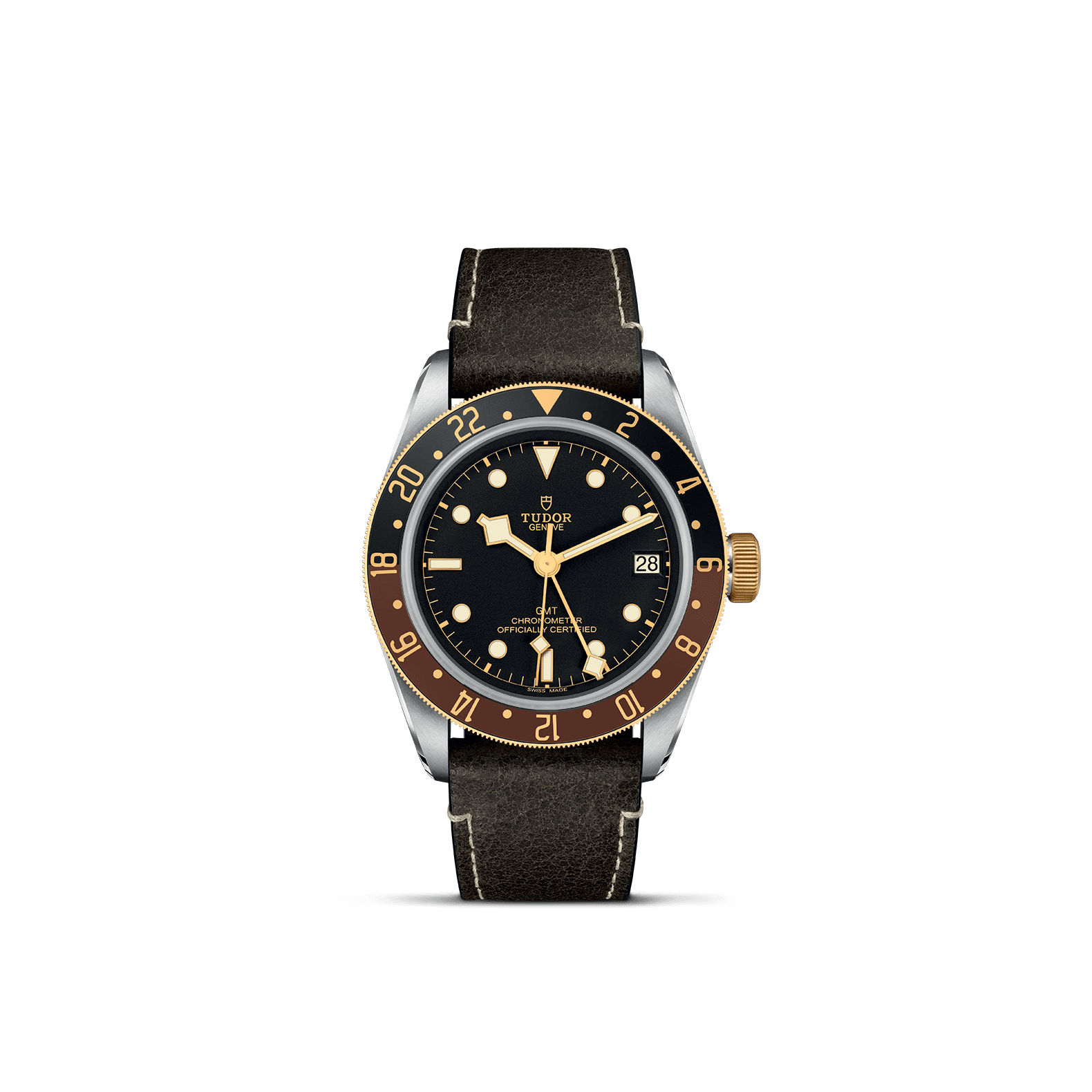 Die TUDOR BLACK BAY GMT S&G von Schullin ist eine Luxusarmbanduhr mit schwarzem Zifferblatt mit goldenen Stundenmarkierungen und einer zweifarbigen Metalllünette in einem Edelstahlgehäuse. Das elegante dunkle Lederarmband verleiht der Uhr Eleganz, während die Uhr stolz den Markennamen zeigt und auf der rechten Seite des Zifferblatts das Kaliber MT5652-Datum aufweist.