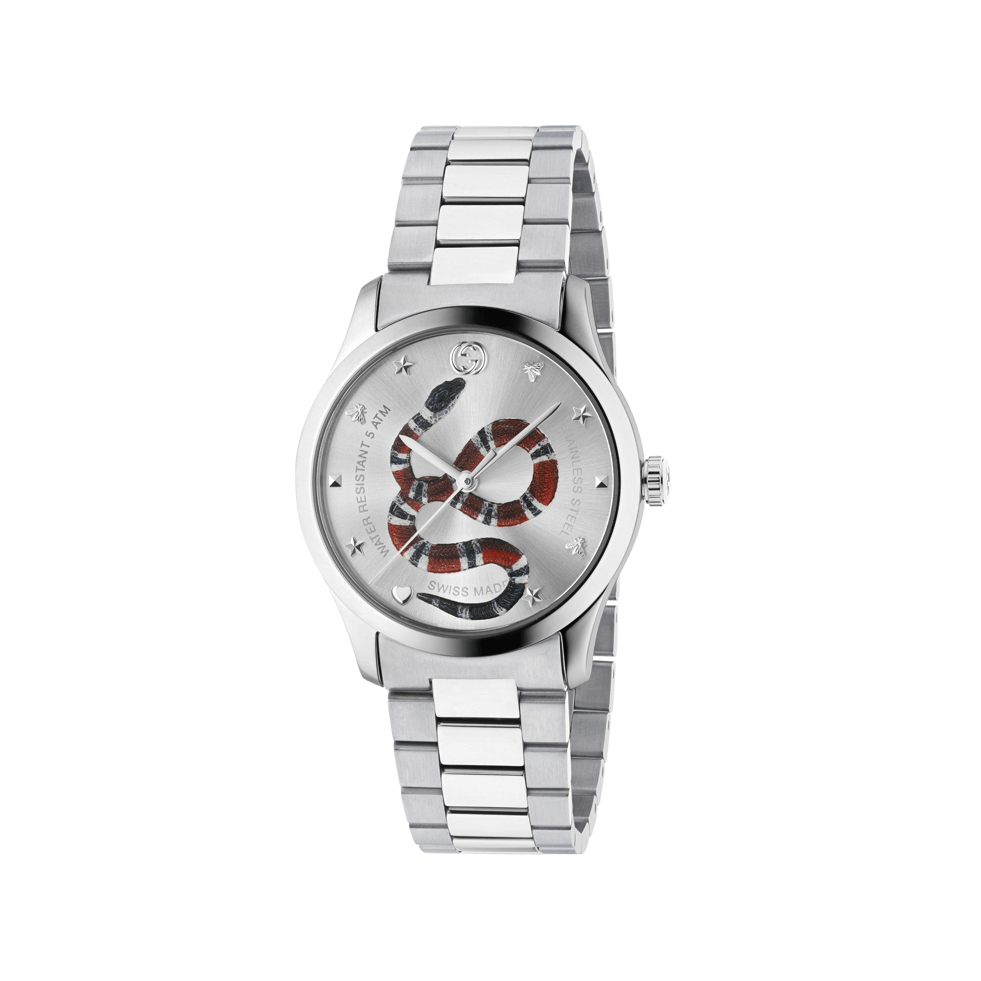 Eine silberne Schullin G-TIMELESS-Armbanduhr von GUCCI präsentiert ein auffälliges transparentes Zifferblatt mit einem rot-schwarzen Schlangendesign. Diese minimalistische Uhr verfügt über ein Edelstahlarmband, das Stil und Funktion vereint und gleichzeitig elegant seine komplizierten inneren Mechanismen ohne Stundenmarkierungen zur Schau stellt.