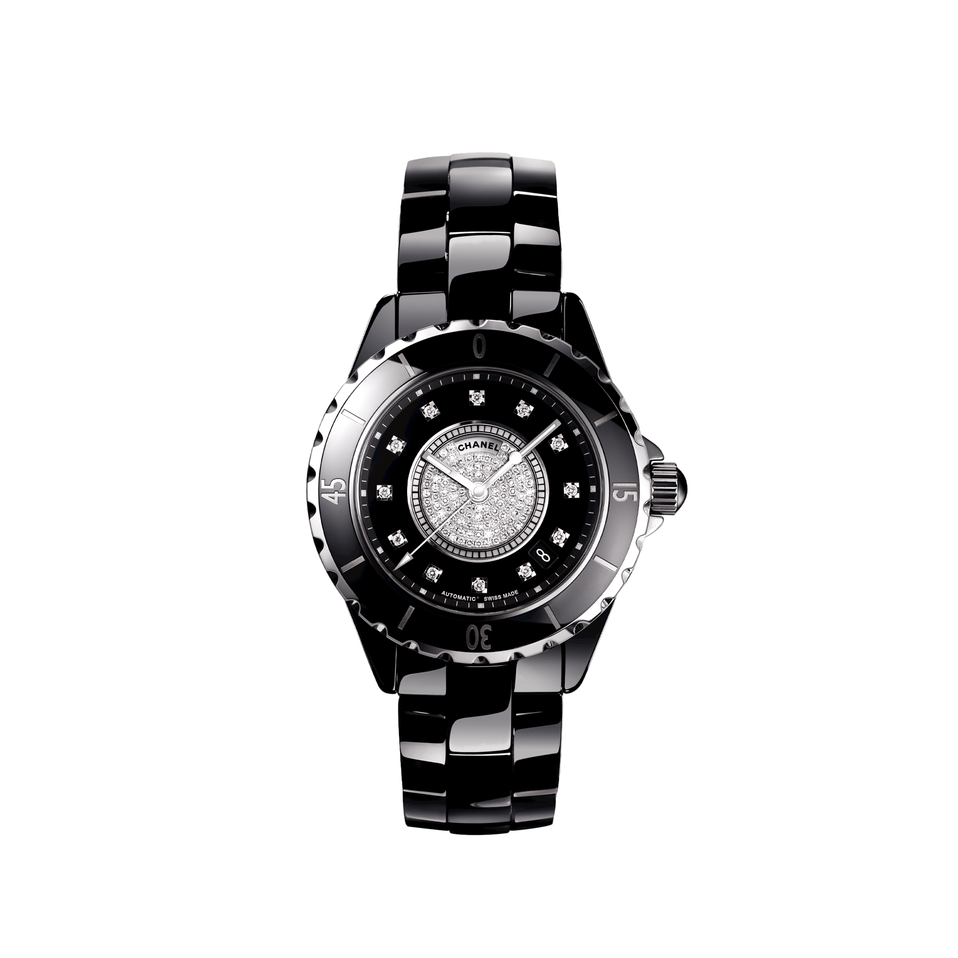 Wir präsentieren die CHANEL J12 BLACK H1757, eine Luxusarmbanduhr von Schullin. Diese exquisite schwarz-silberne Uhr verfügt über ein glänzendes Metallarmband und zeigt eine diamantbesetzte Mitte und Lünette, die in ihrem Design Eleganz und Raffinesse perfekt miteinander verbindet.