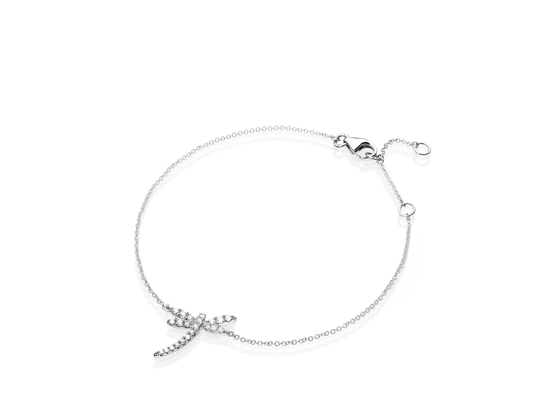 Das LIBELLEN ARMBAND von Schullin ist ein zartes Weißgoldarmband mit einem Anhänger in Form einer diamantbesetzten Libelle, die mit kleinen Edelsteinen verziert ist. Es hat eine feine und elegante Kette, die mit einem kleinen Karabinerverschluss gesichert wird.