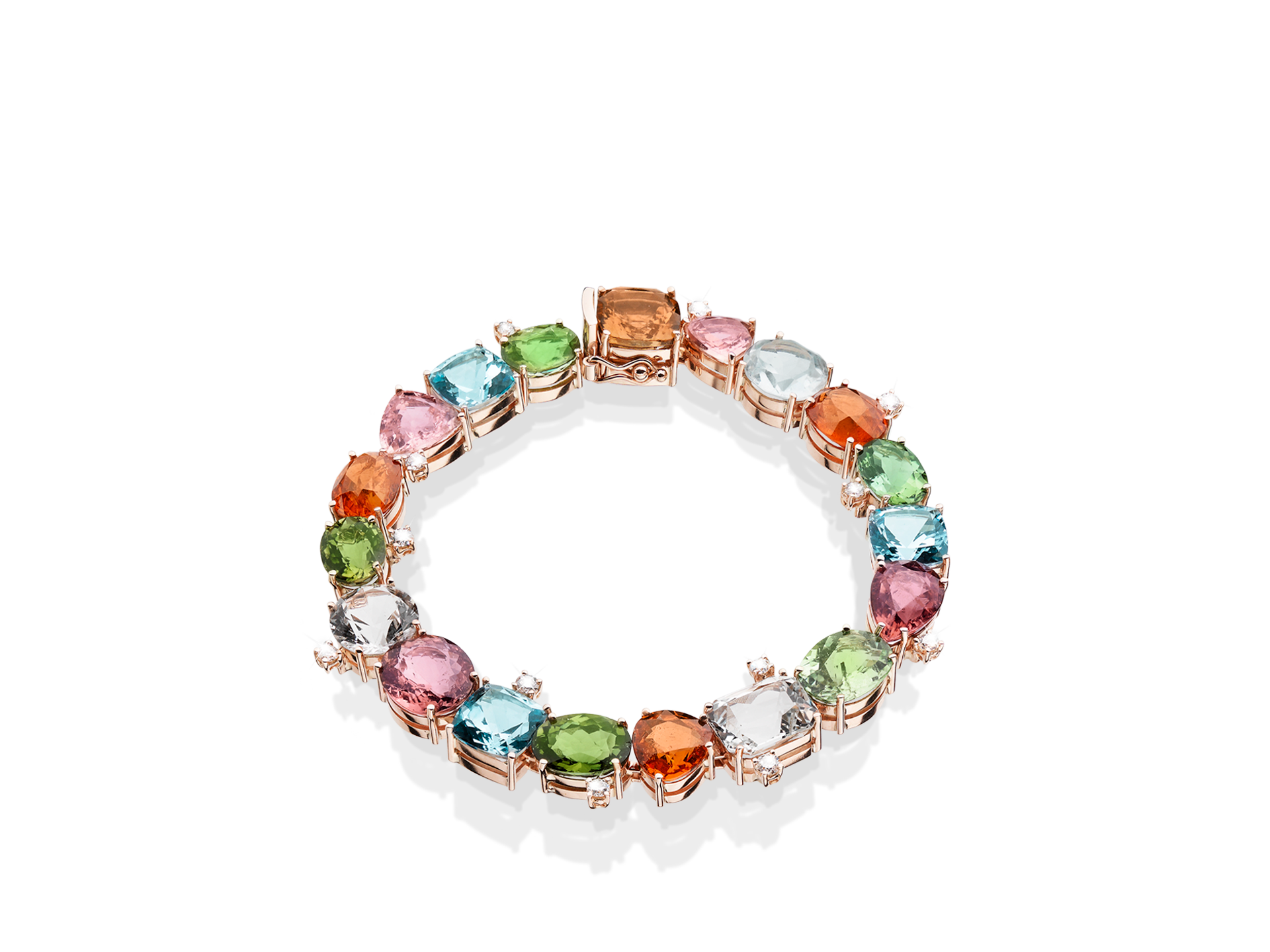 Wir präsentieren das ARMBAND COLOURSPLASH von Schullin mit einer atemberaubenden Auswahl leuchtender Edelsteine in einem schillernden Muster aus blauen, rosa, grünen, orangefarbenen und klaren Steinen, alle wunderschön in 18 Karat Roségold eingefasst.