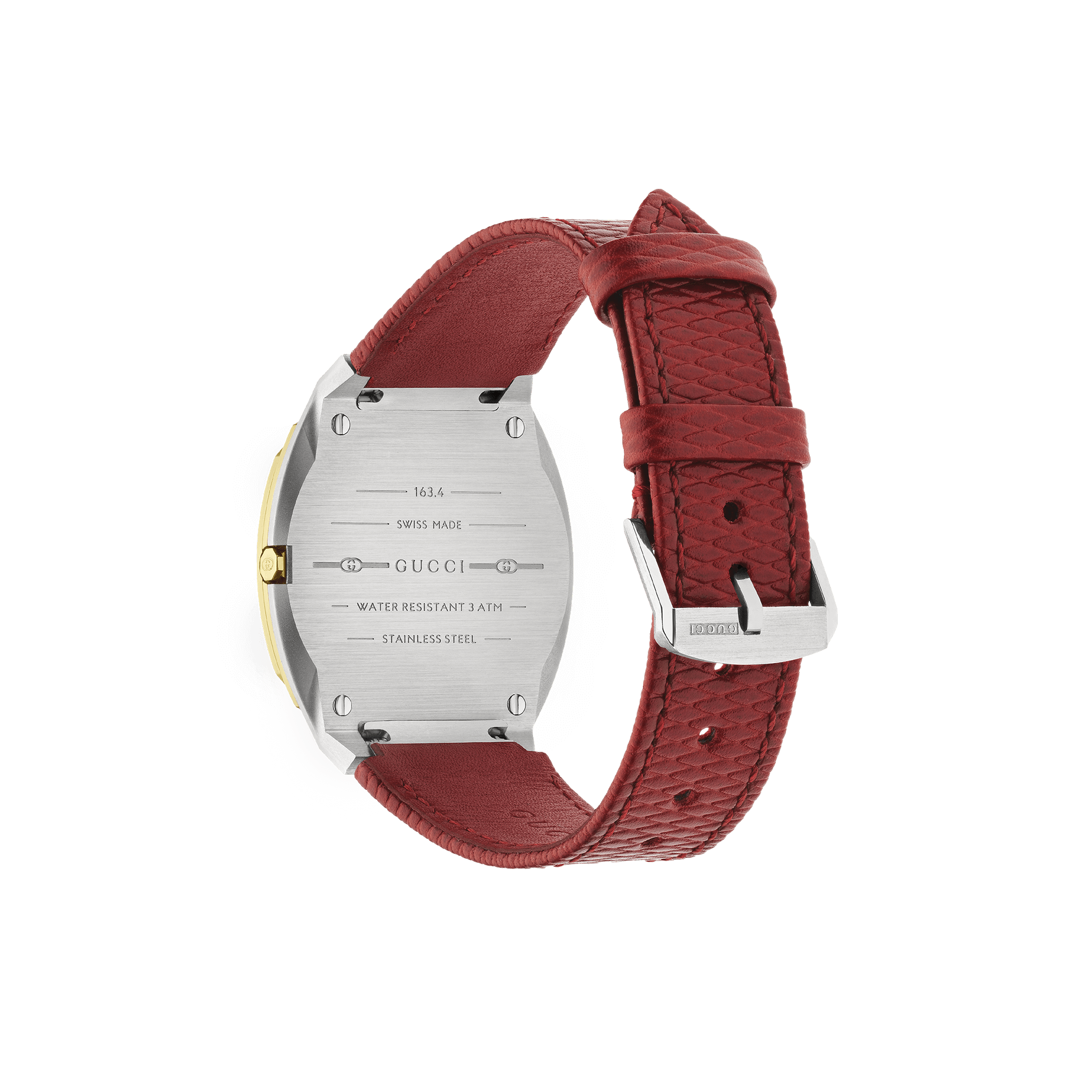 Rückansicht einer hochwertigen Uhr mit Edelstahlgehäuse und rotem Lederarmband. Auf der Rückseite sind eingravierte Texte zu sehen, darunter „GUCCI 25H“ und „Swiss Made“. Das Armband hat eine strukturierte Oberfläche und eine silberne Schnalle.