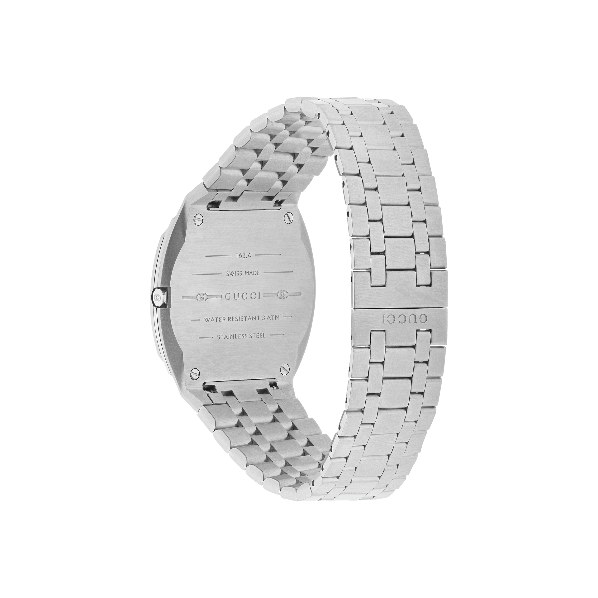 Das Bild zeigt die Rückseite einer silbernen Schullin GUCCI 25H-Armbanduhr mit einem Gliederarmband aus Edelstahl und einem Edelstahlgehäuse mit Inschrift, die die Schweizer Herkunft und Wasserdichtigkeit des Uhrwerks hervorhebt.