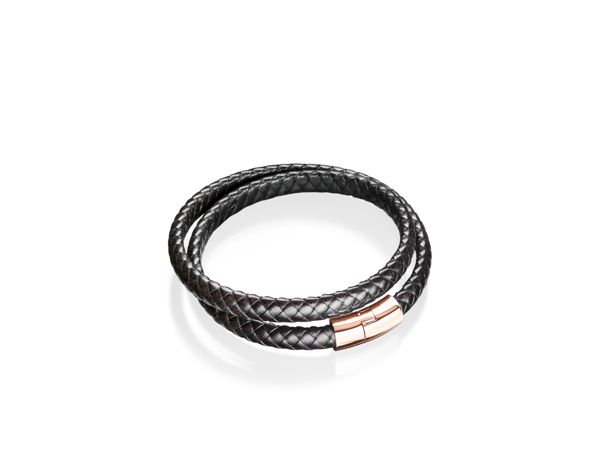 Ein schickes Armband namens POWER ARMBAND ROSÉGOLD von Schullin mit einem doppelten Schlaufendesign aus geflochtenem schwarzem Leder und einem eleganten Verschluss aus Roségold vor einem schlichten weißen Hintergrund.