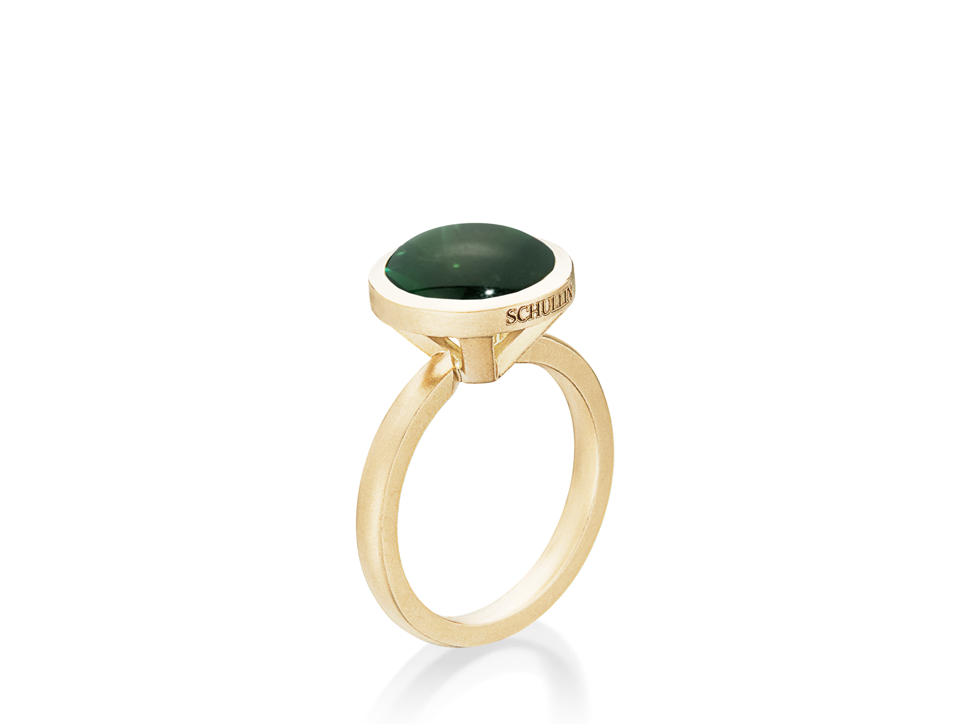 Der Schullin TURMALIN RING BUFFTOP zeichnet sich durch einen glatten, ovalen, dunkelgrünen Edelstein in einer Lünettenfassung aus, der vor einem schlichten weißen Hintergrund präsentiert wird.