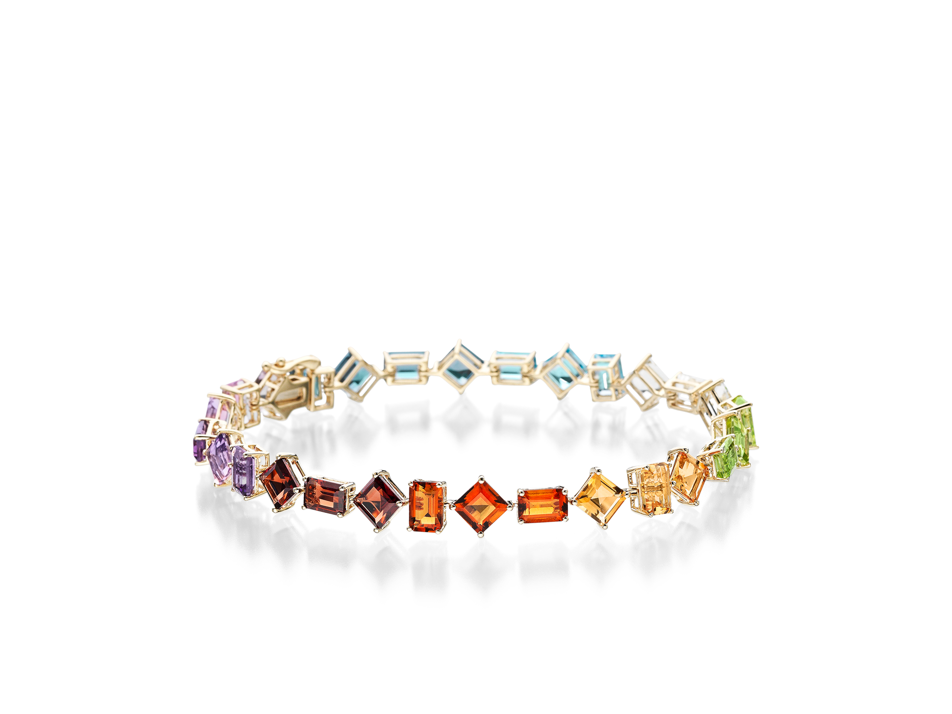 Das ARMBAND AQUAGEM von Schullin, Teil der AQUA Kollektion, zeigt eine lebendige Palette an Edelsteinen, von Amethyst bis zu grünen Steinen, alle elegant in ein Gelbgoldband auf weißem Hintergrund eingefasst.