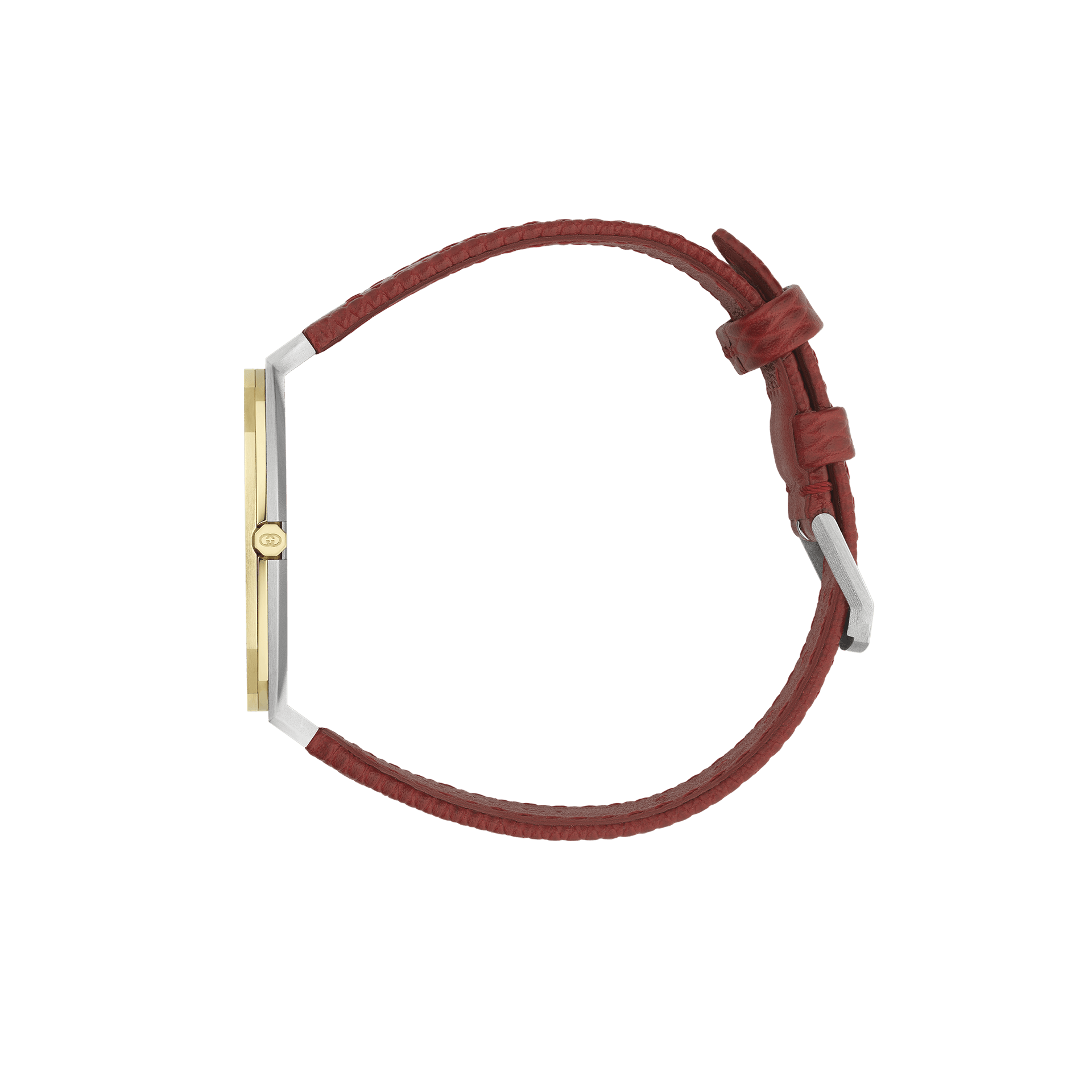 Seitenansicht der Schullin GUCCI 25H-Uhr mit einem dünnen Gehäuse mit goldfarbener Lünette und einem braunen Lederarmband mit Schnallenverschluss. Das minimalistische Design hebt ein markantes Zifferblatt aus vergoldetem Messing hervor und betont das glatte und schlanke Profil.