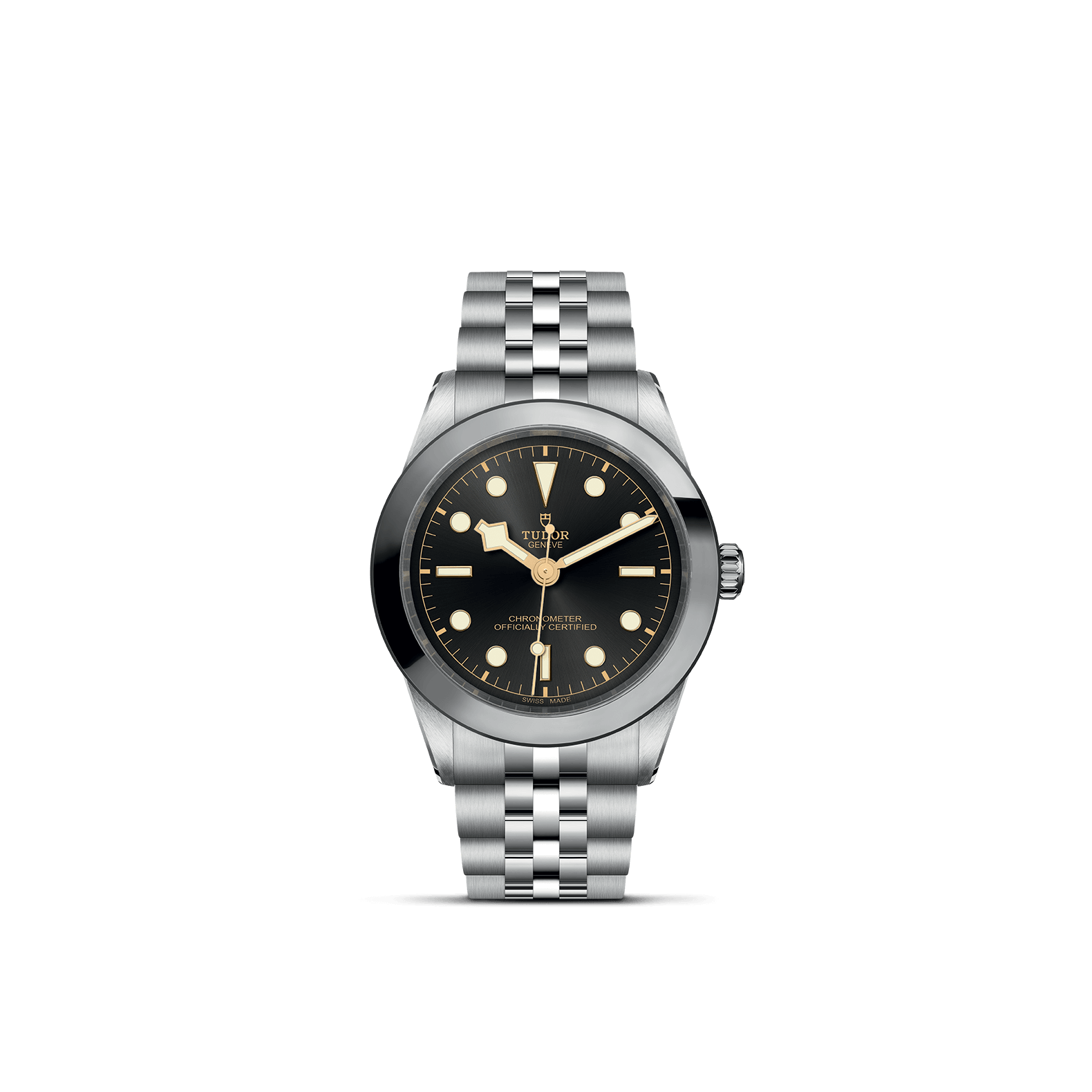 Die TUDOR BLACK BAY 39 von Schullin ist eine silberne Armbanduhr mit schwarzem Zifferblatt und klassischem Design. Sie ist mit einem Edelstahlband, leuchtenden Zeigern und Markierungen ausgestattet und verfügt über eine Datumsfunktion auf der 3-Uhr-Position. Das Markenlogo auf dem Zifferblatt unterstreicht ihre zeitlose Eleganz zusätzlich.