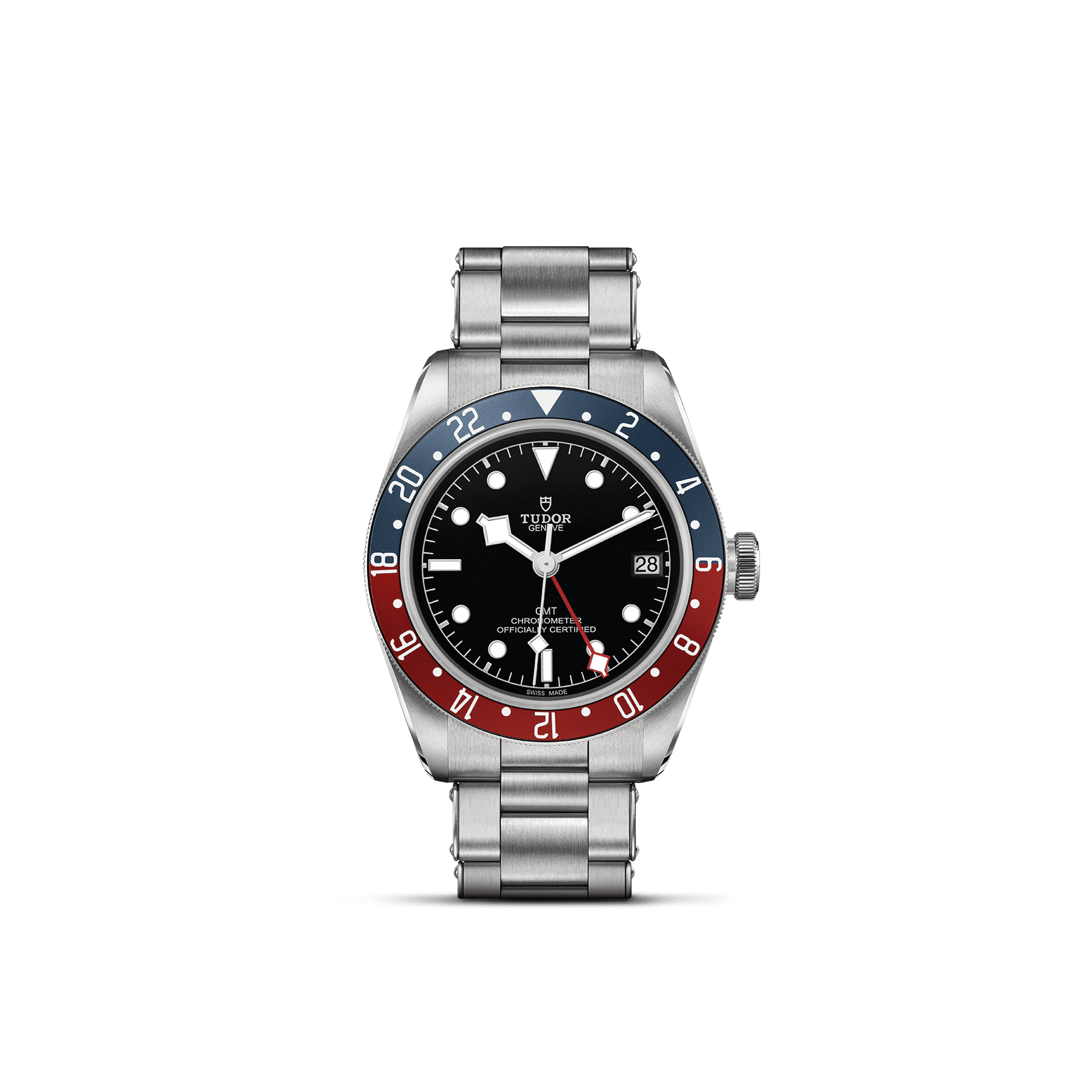 Eine anspruchsvolle TUDOR BLACK BAY GMT-Armbanduhr mit rot-blauer Lünette vor einem eleganten schwarzen Hintergrund. Sie verfügt über ein schwarzes Zifferblatt mit weißen Stundenmarkierungen und Zeigern. Das Edelstahlgehäuse trägt zu ihrem eleganten Design bei, während das Datumsfenster und der Markenname Schullin prominent auf dem Zifferblatt angezeigt werden.