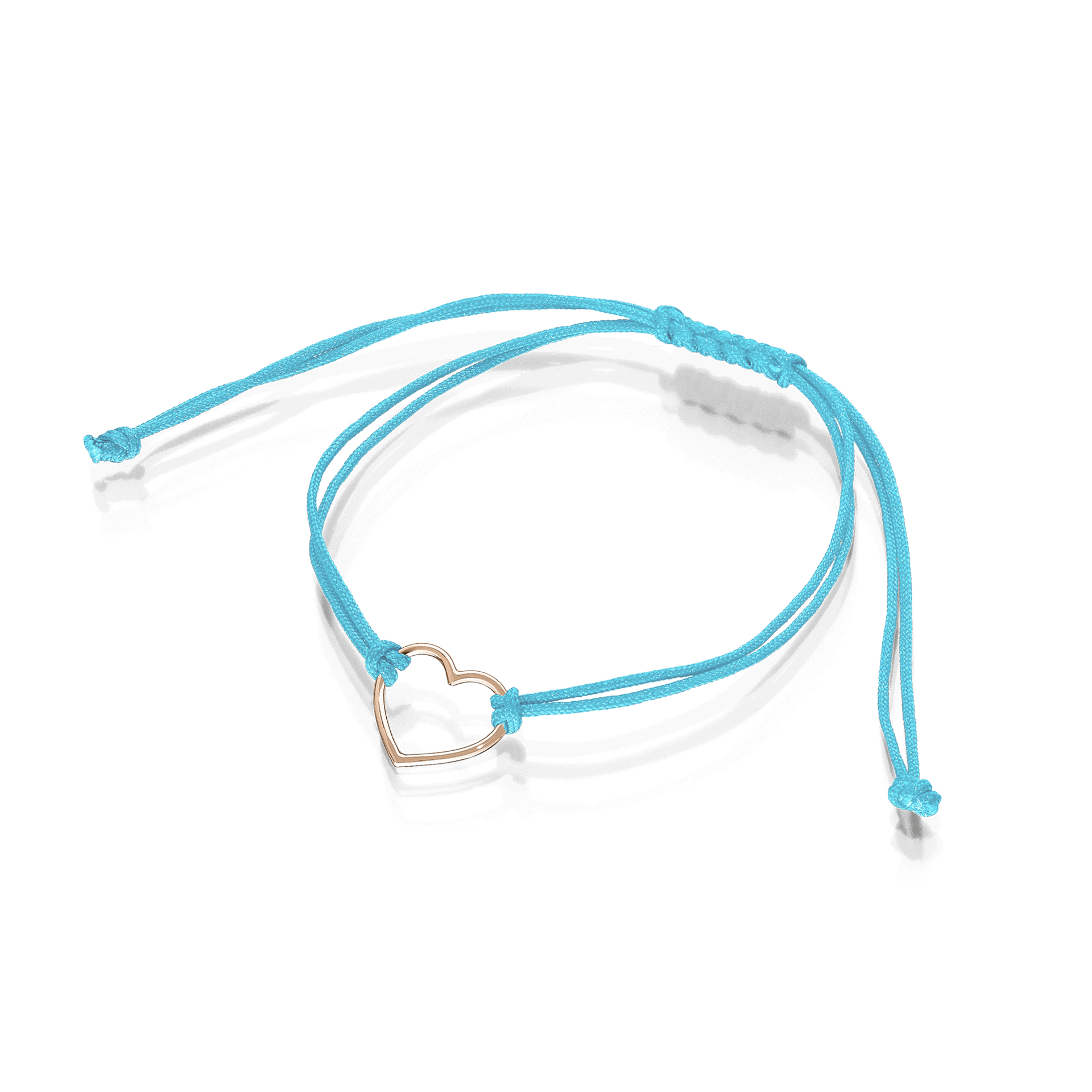 Wir präsentieren das HERZARMBAND von Schullin: ein blaues Stoffband-Armband mit verstellbaren Knoten, in dessen Mitte sich ein entzückendes roségoldenes Herz befindet.